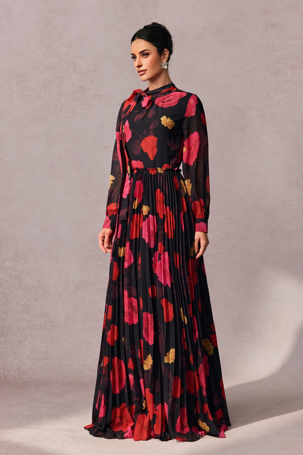 Adela Floral Printed Long Sleeve Maxi Dress with Detachable Scarf