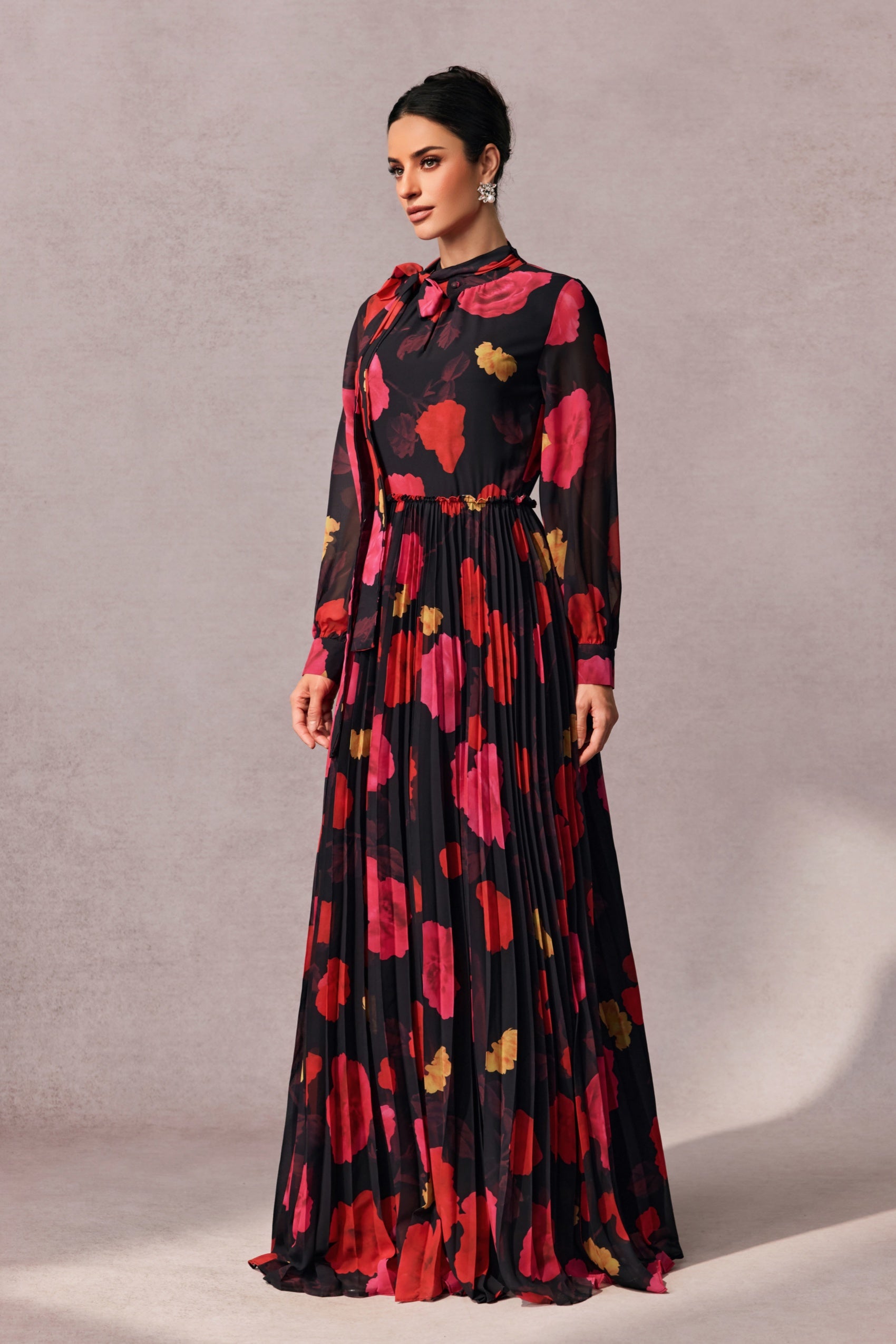 Adela Floral Printed Long Sleeve Maxi Dress with Detachable Scarf