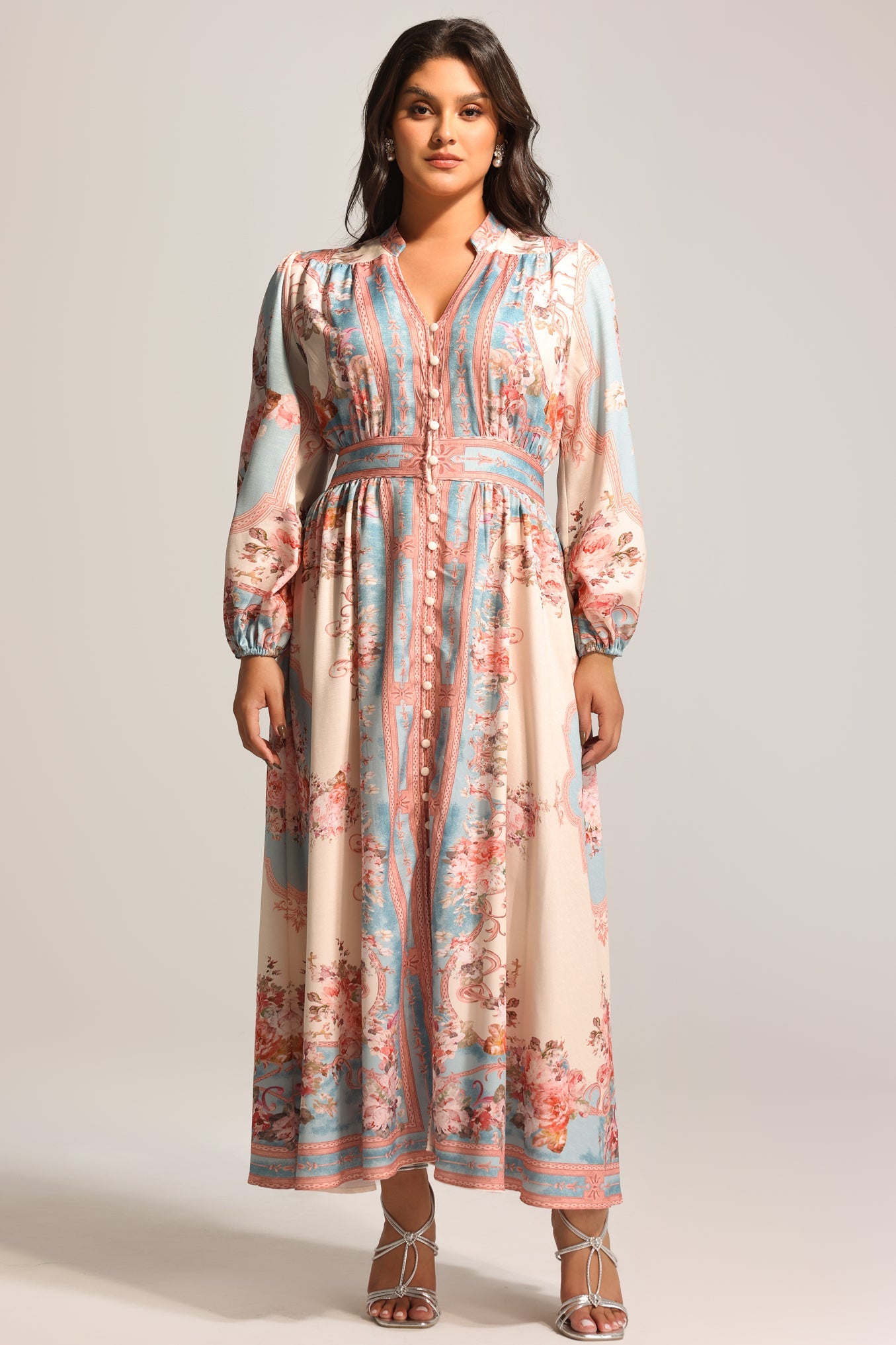 Elegant Floral Printed Maxi Dress: Long Sleeve Flowy Bohemian Style