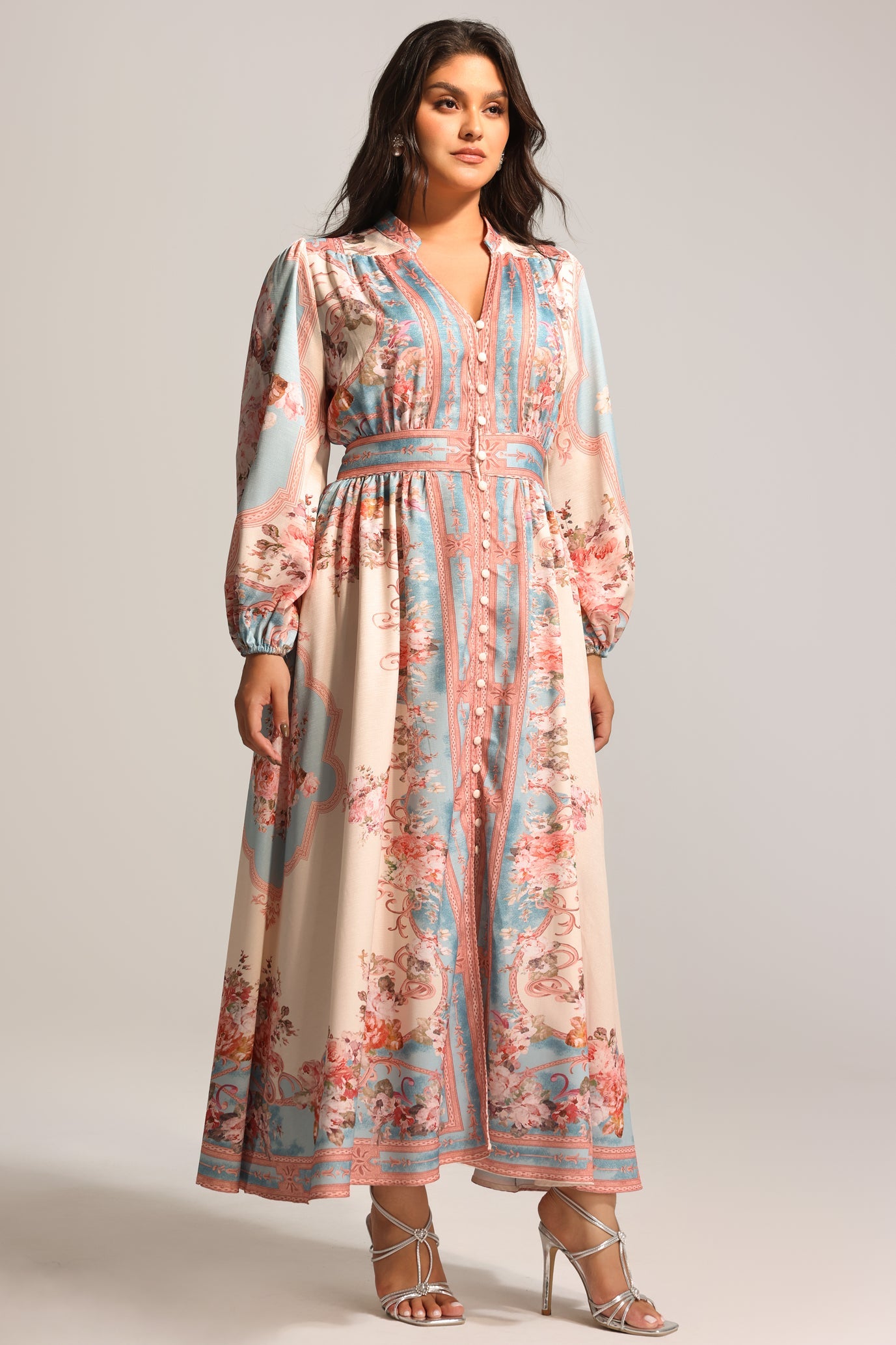 Elegant Floral Printed Maxi Dress: Long Sleeve Flowy Bohemian Style