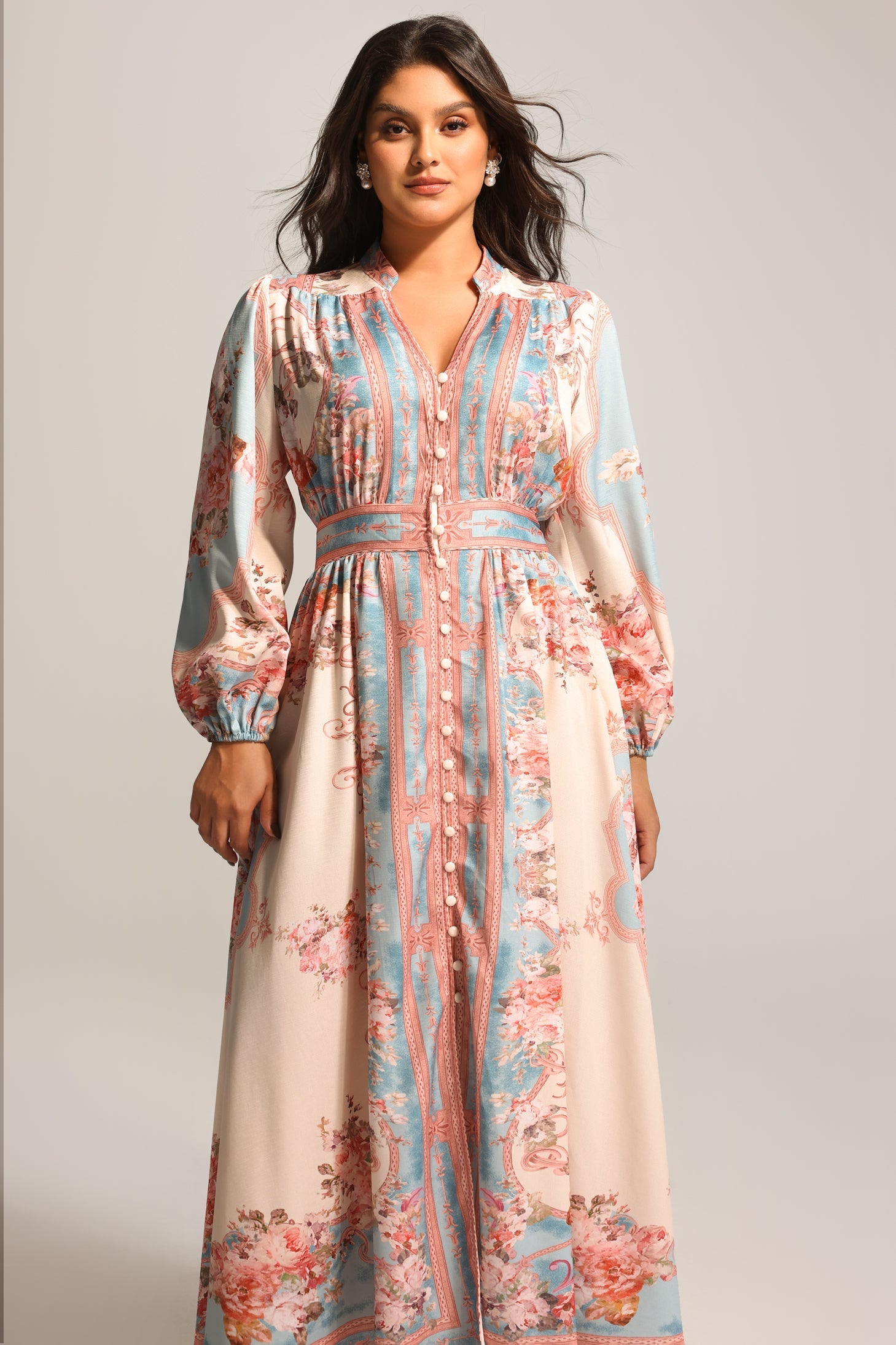 Elegant Floral Printed Maxi Dress: Long Sleeve Flowy Bohemian Style
