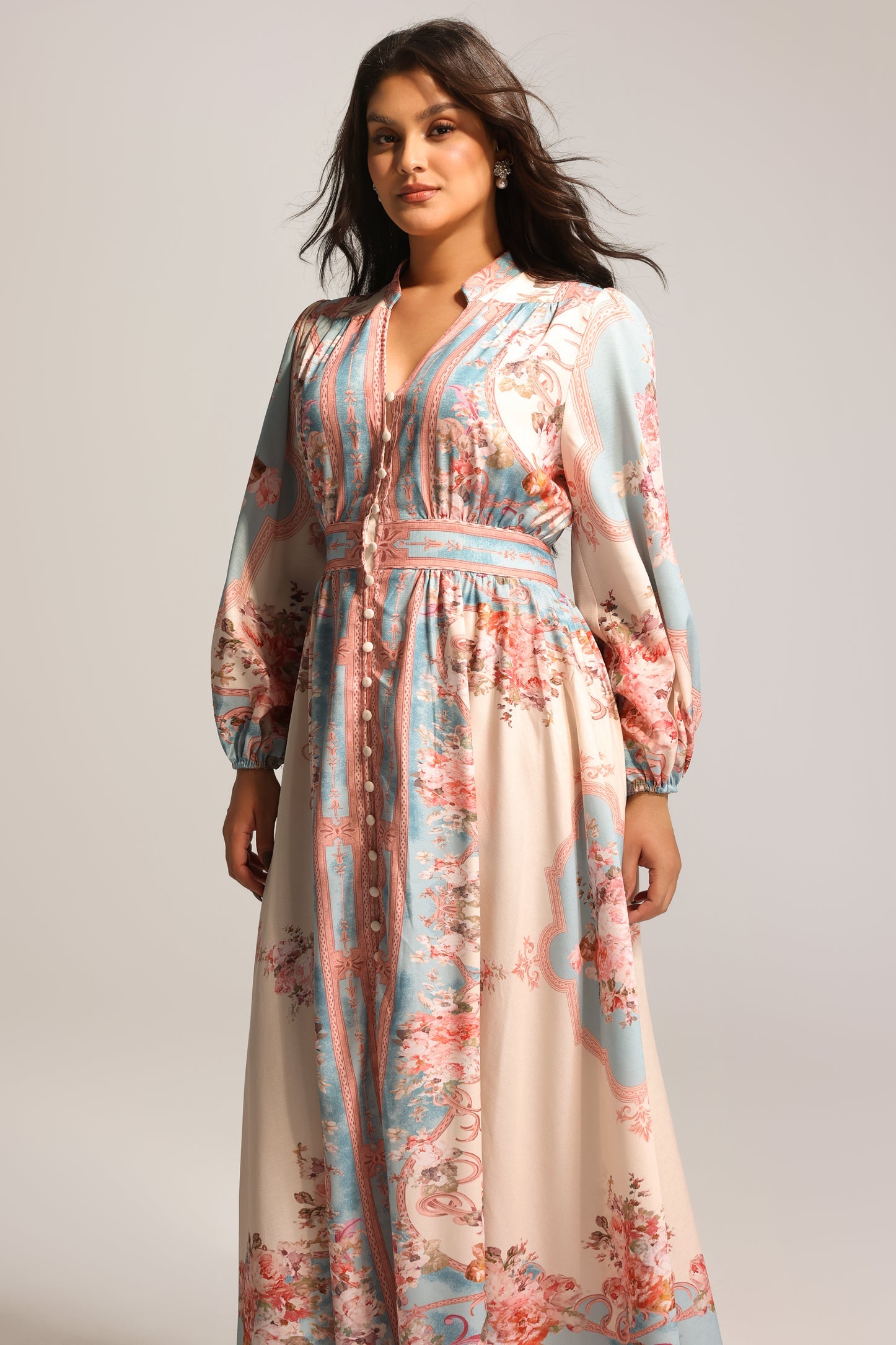 Elegant Floral Printed Maxi Dress: Long Sleeve Flowy Bohemian Style