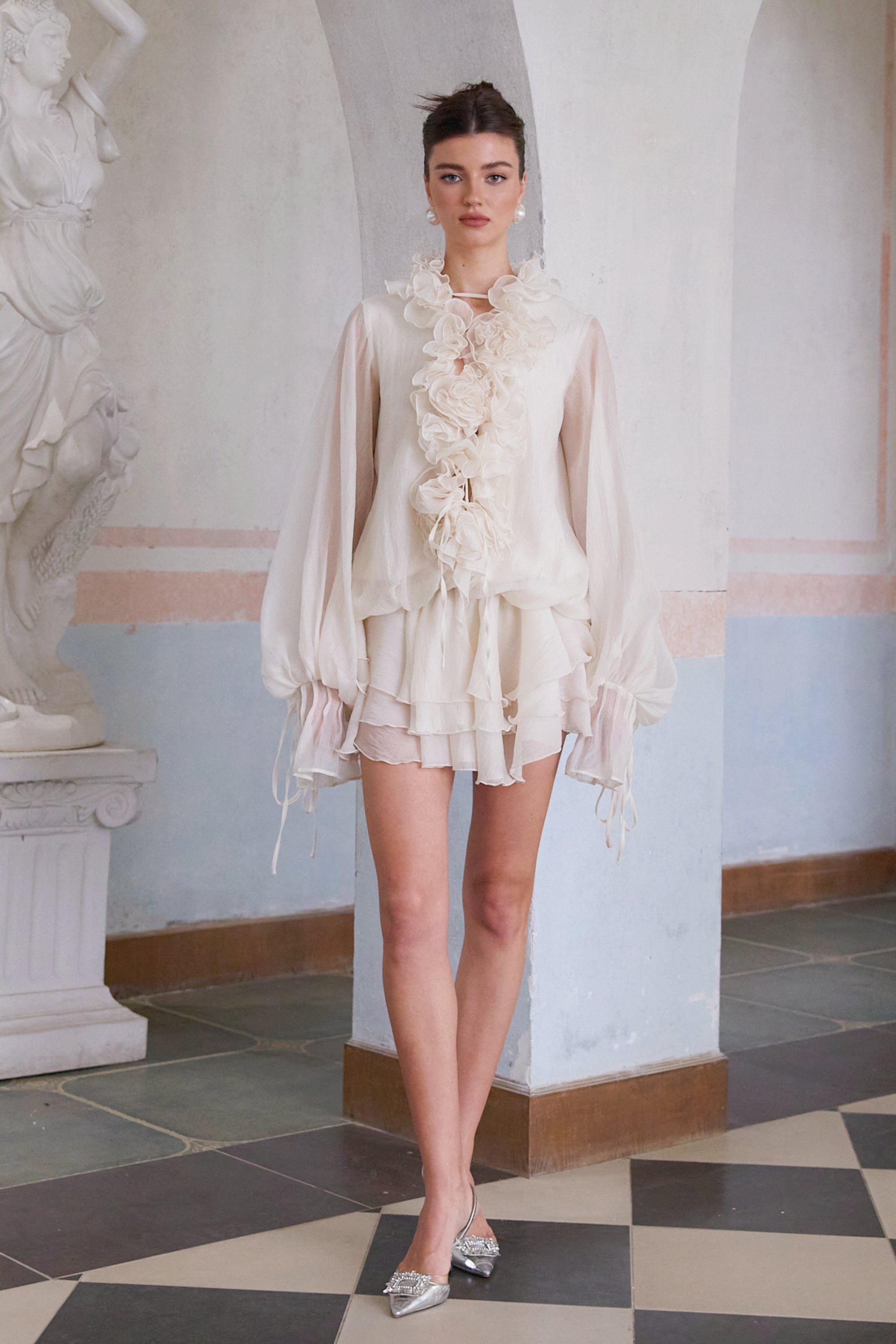 Elegant Zephyrine Floral Applique Tiered Mini Dress in Neutral Tones