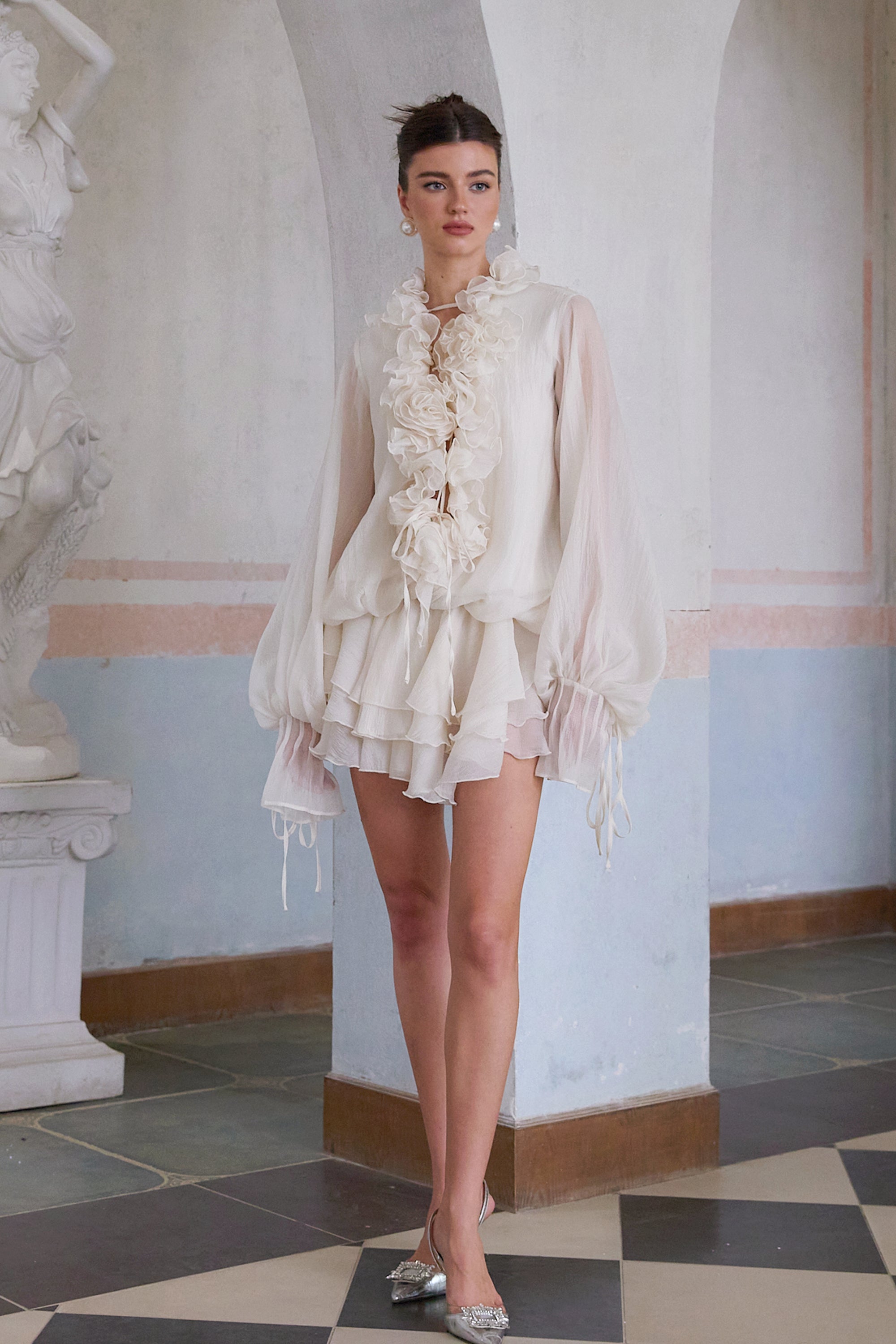 Elegant Zephyrine Floral Applique Tiered Mini Dress in Neutral Tones