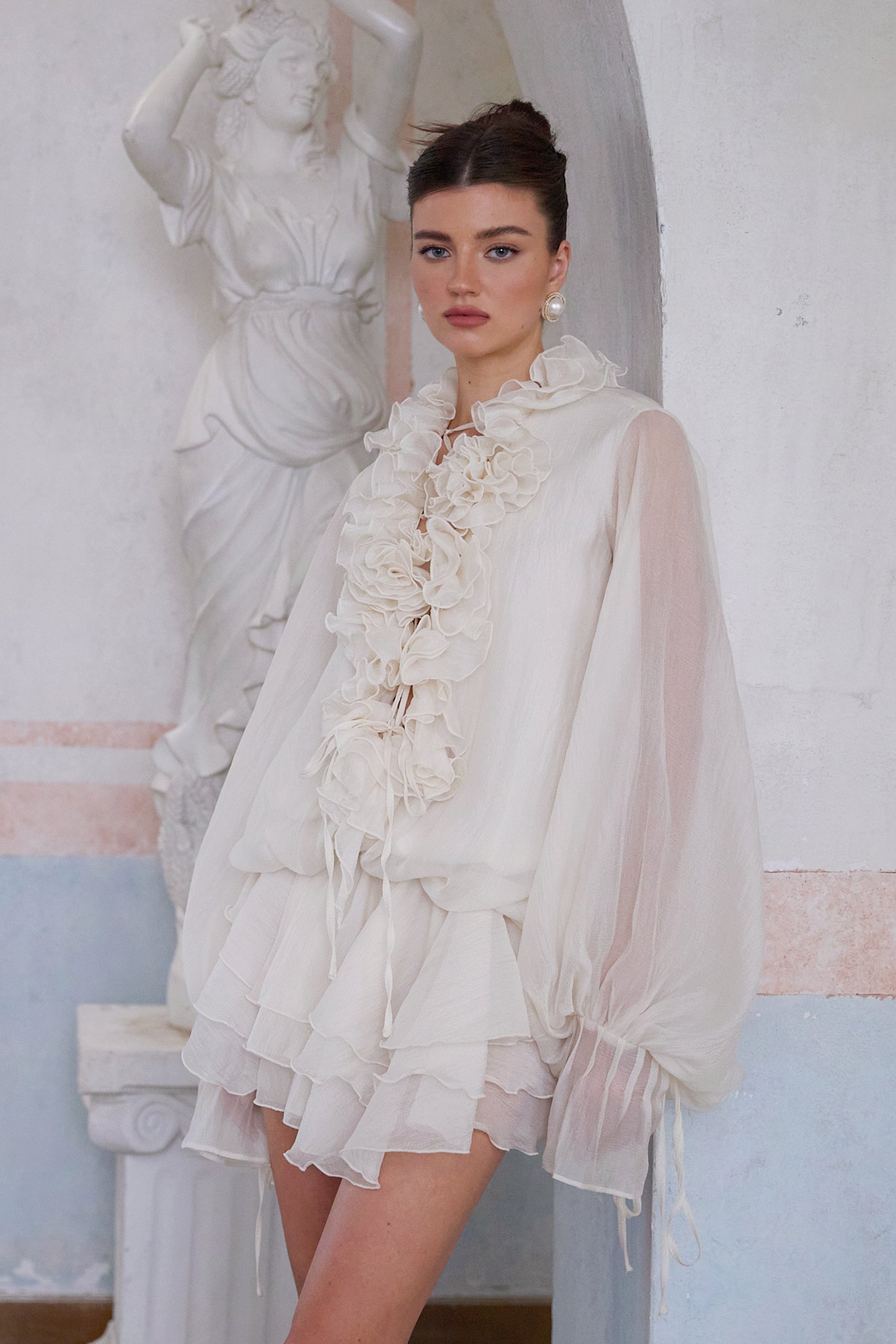Elegant Zephyrine Floral Applique Tiered Mini Dress in Neutral Tones