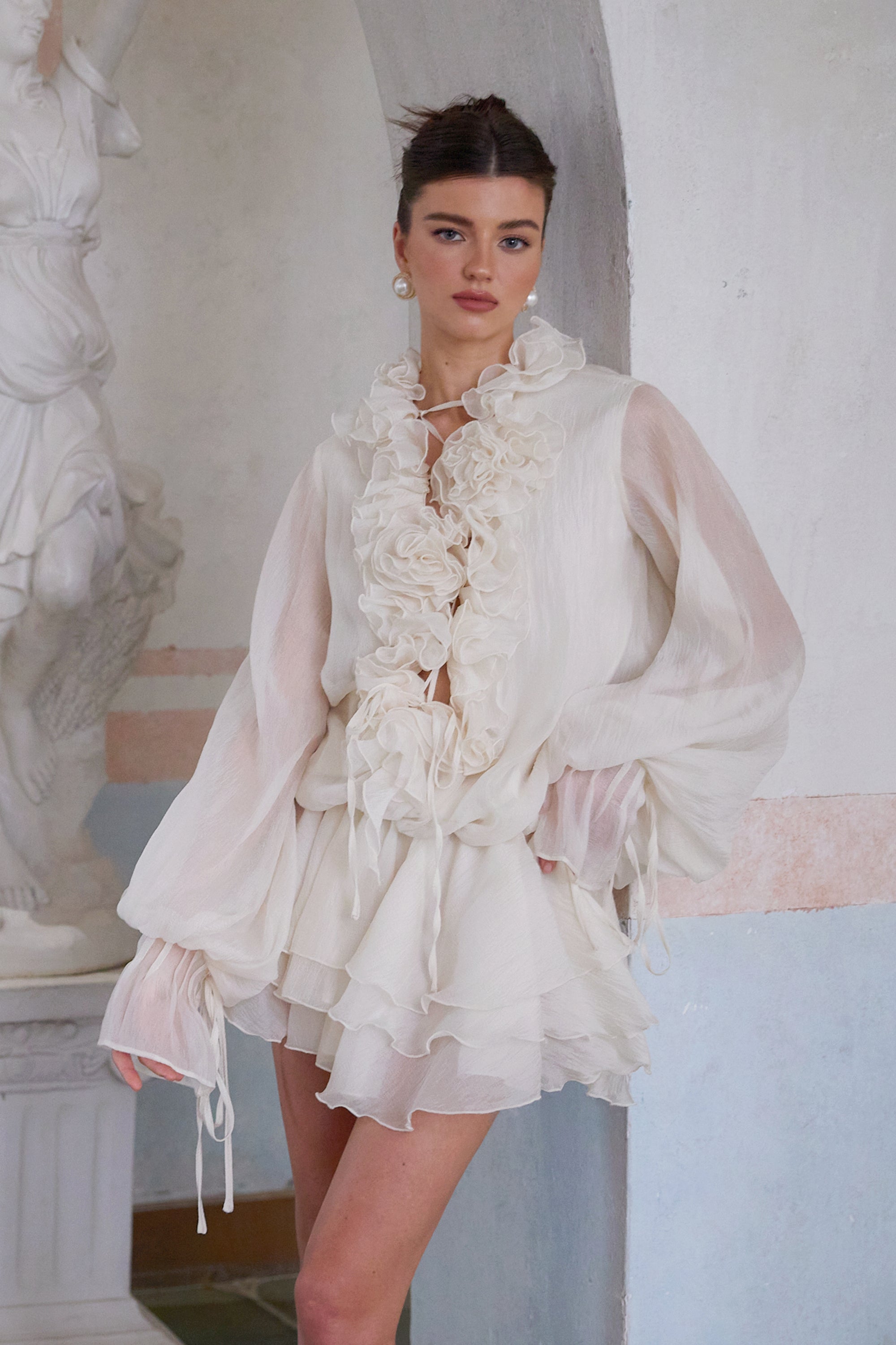 Elegant Zephyrine Floral Applique Tiered Mini Dress in Neutral Tones