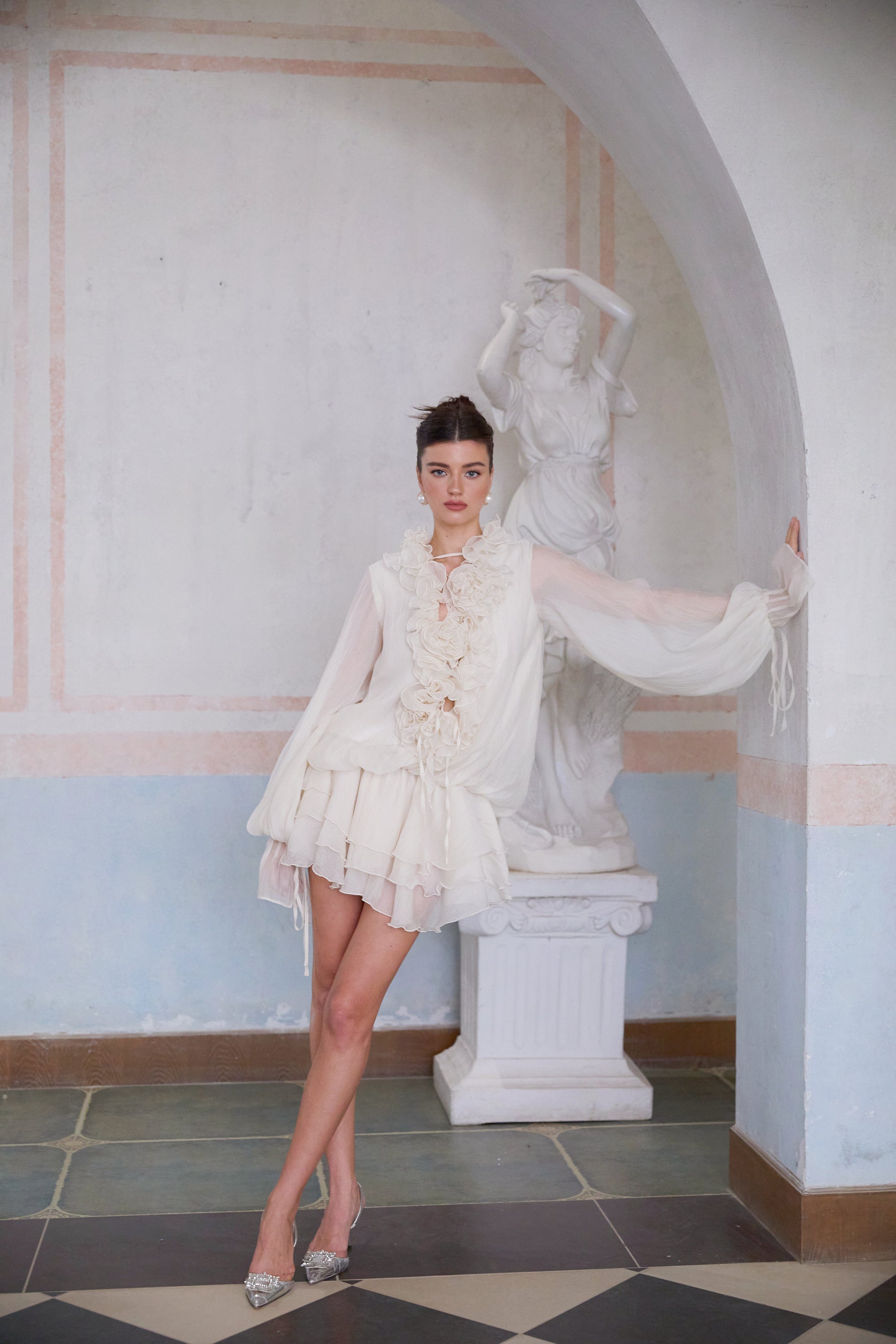 Elegant Zephyrine Floral Applique Tiered Mini Dress in Neutral Tones