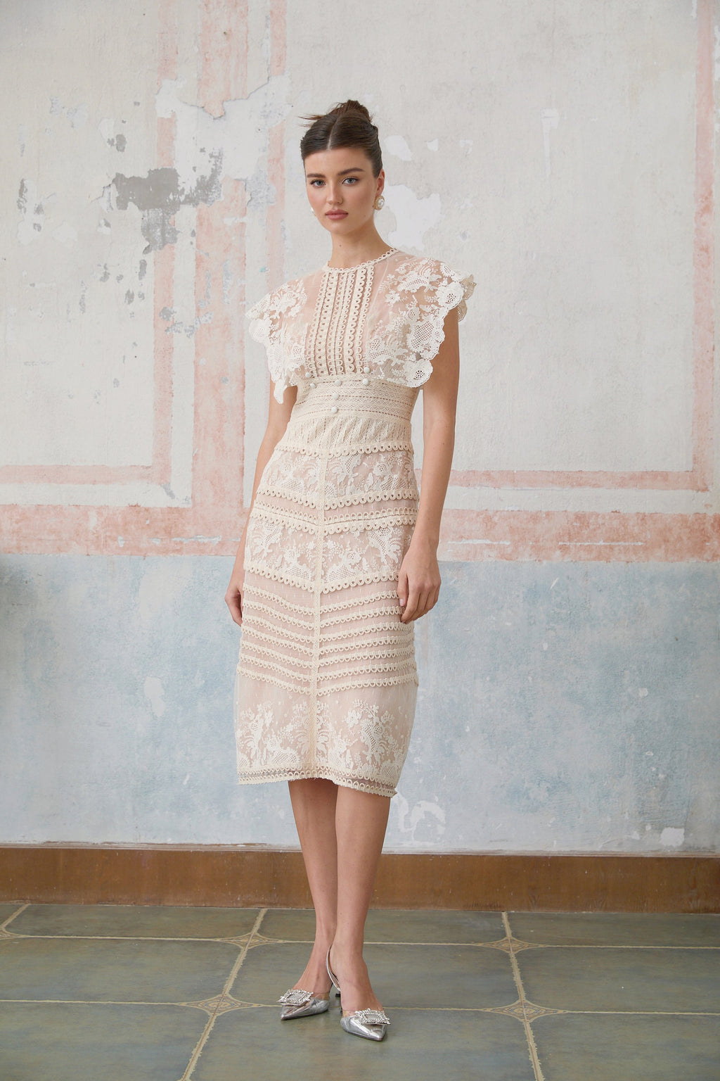 Fleur Floral Embroidered Lace Midi Dress Elegant Sheer Mesh Party Gown