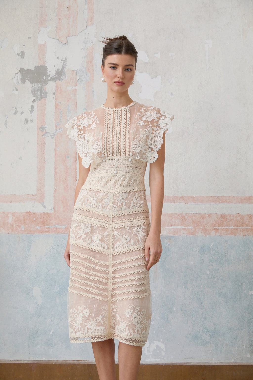 Fleur Floral Embroidered Lace Midi Dress Elegant Sheer Mesh Party Gown