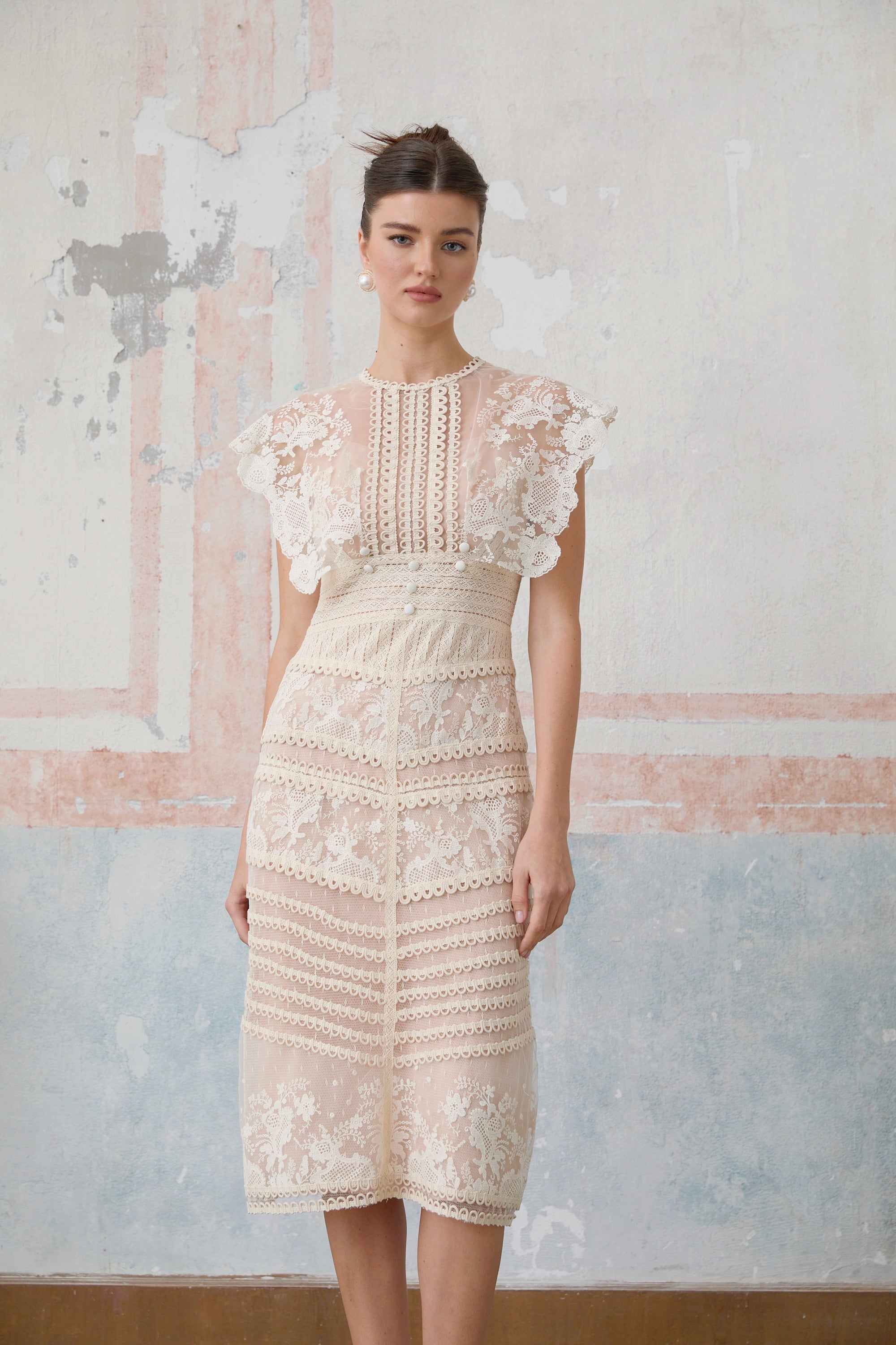 Fleur Floral Embroidered Lace Midi Dress Elegant Sheer Mesh Party Gown