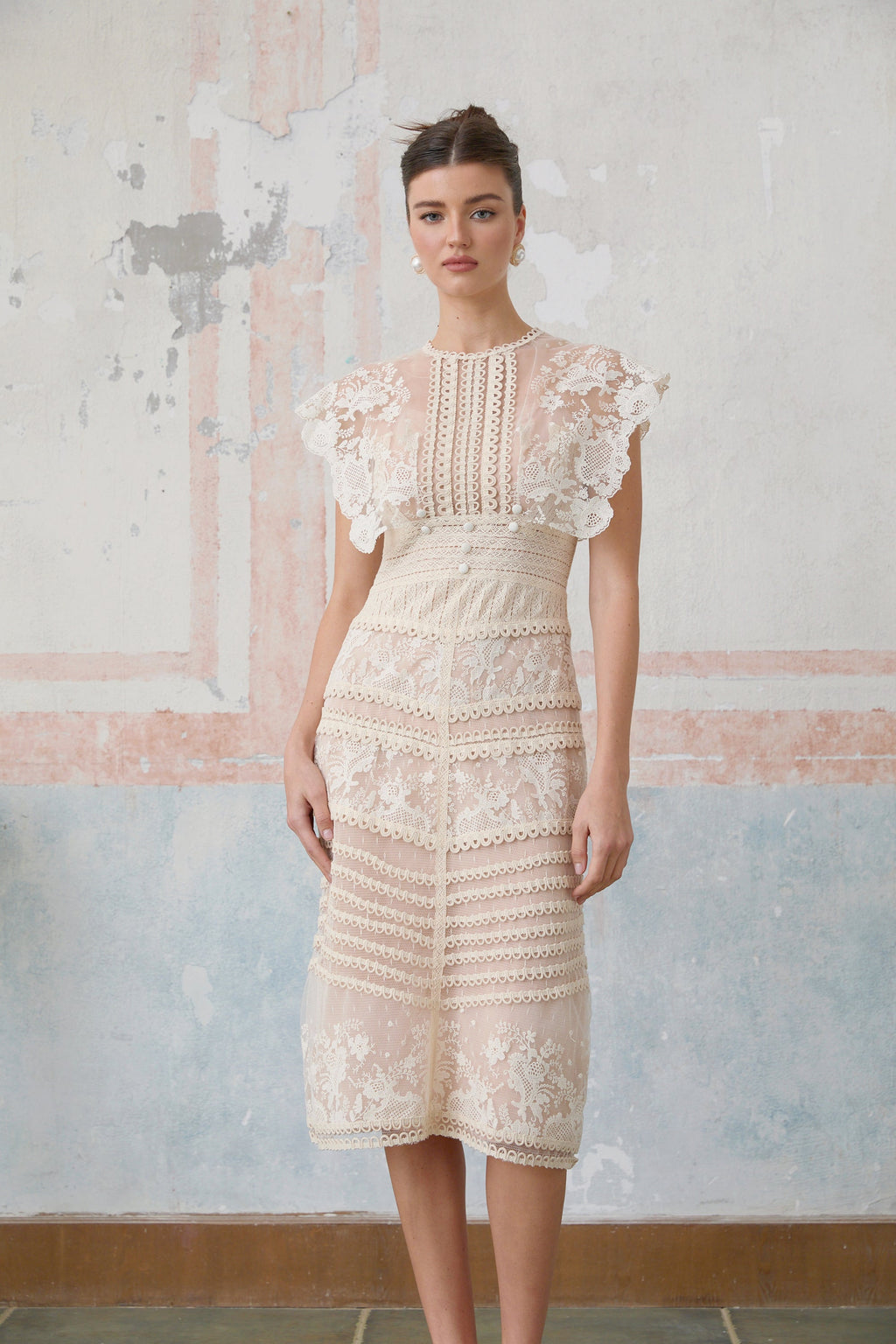 Fleur Floral Embroidered Lace Midi Dress Elegant Sheer Mesh Party Gown