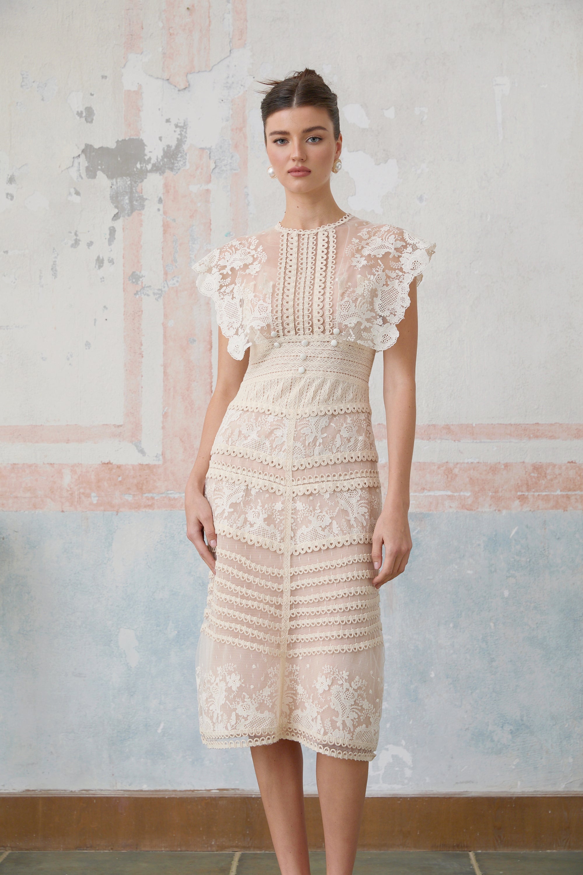 Fleur Floral Embroidered Lace Midi Dress Elegant Sheer Mesh Party Gown