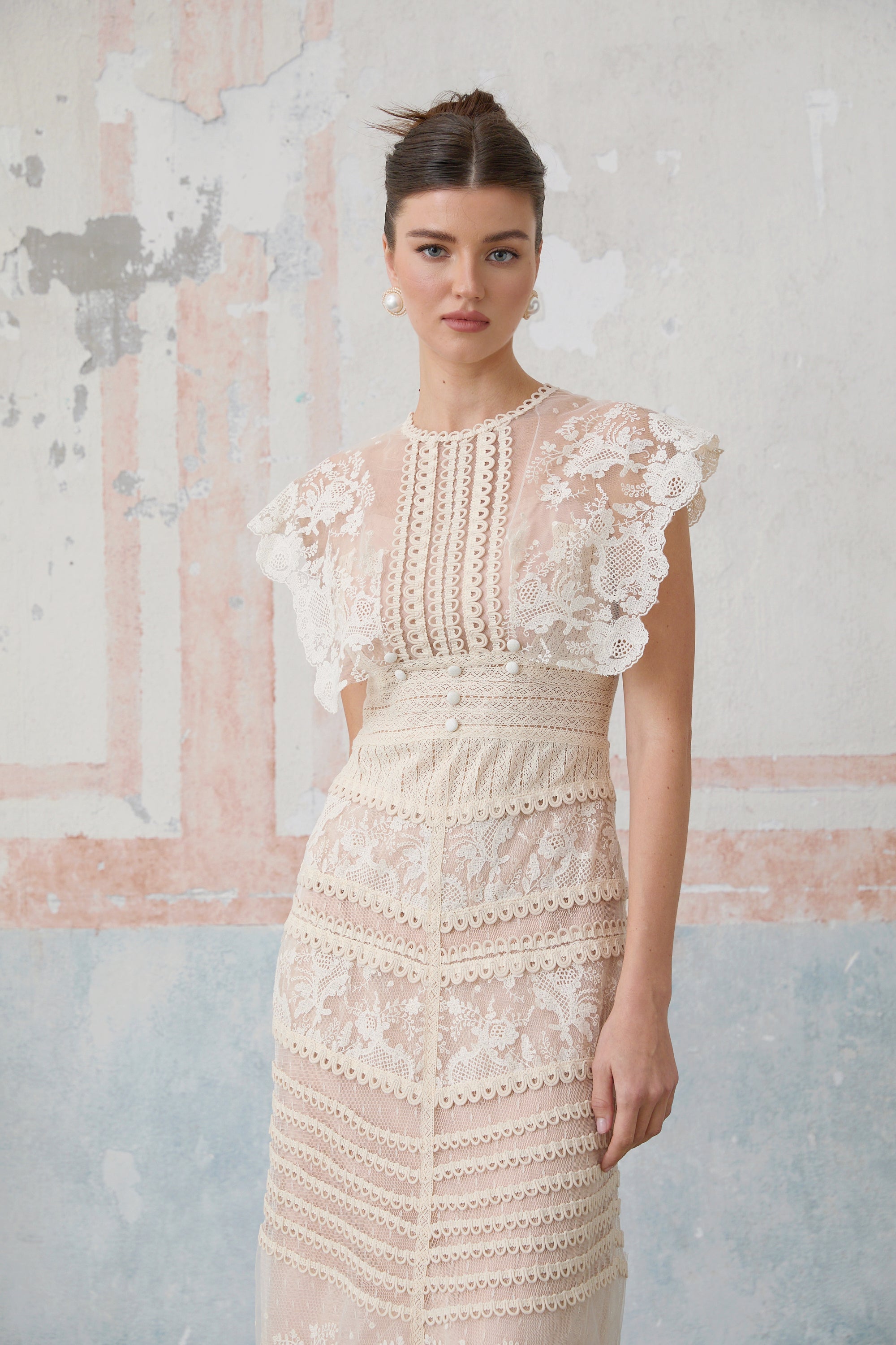 Fleur Floral Embroidered Lace Midi Dress Elegant Sheer Mesh Party Gown