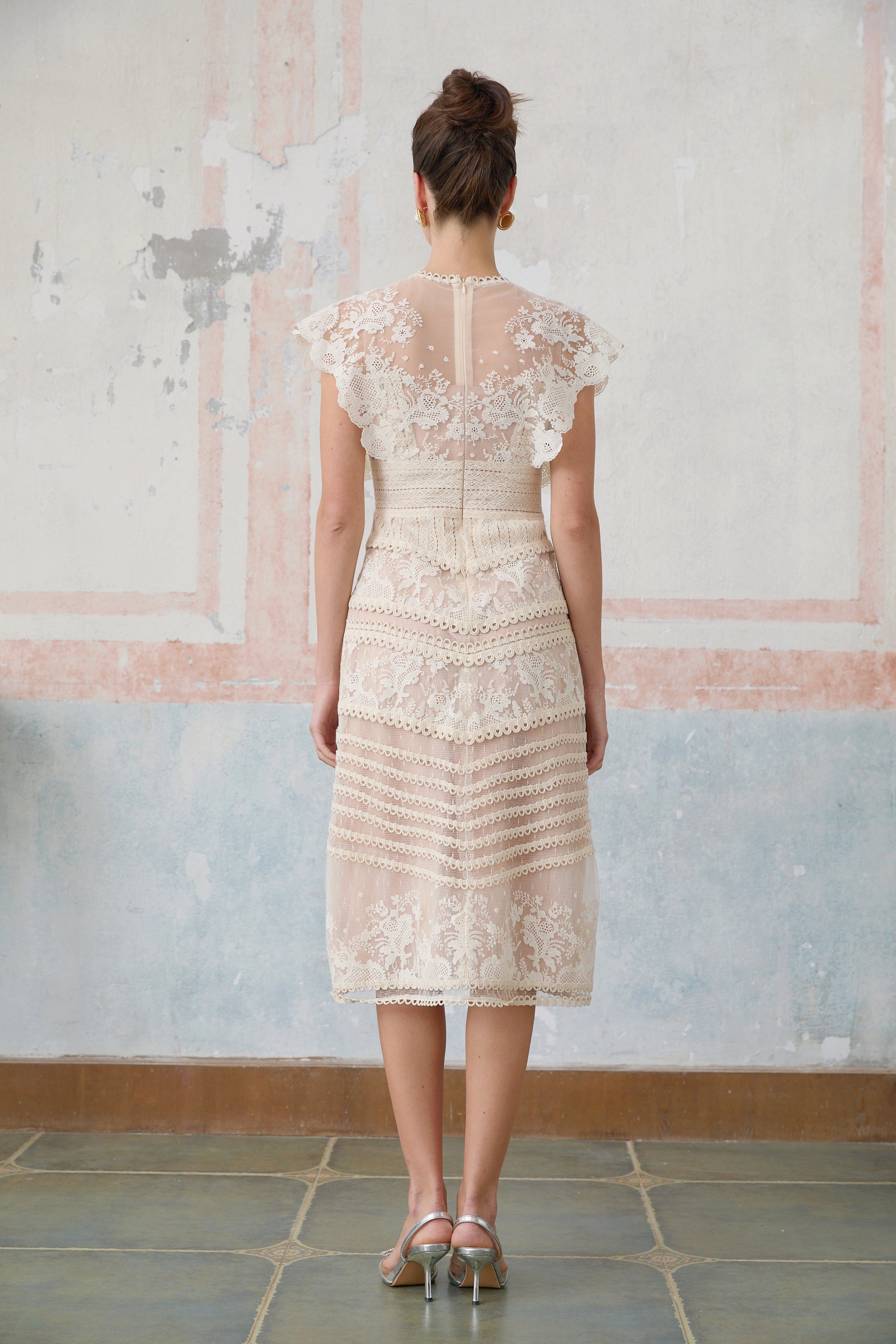 Fleur Floral Embroidered Lace Midi Dress Elegant Sheer Mesh Party Gown