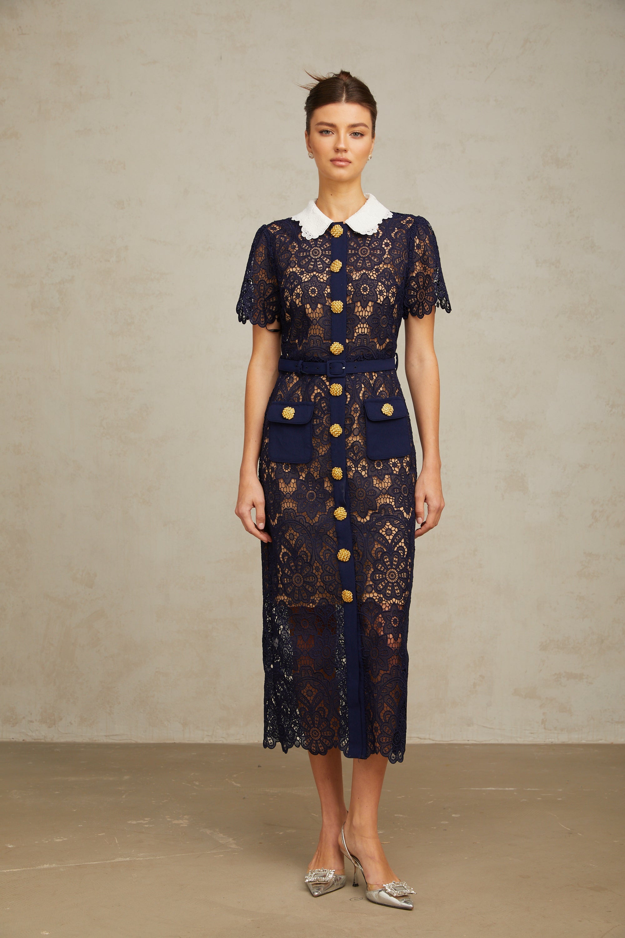 Ariane Dark Blue Floral Crochet Lace Midi Dress with Elegant Boho Style