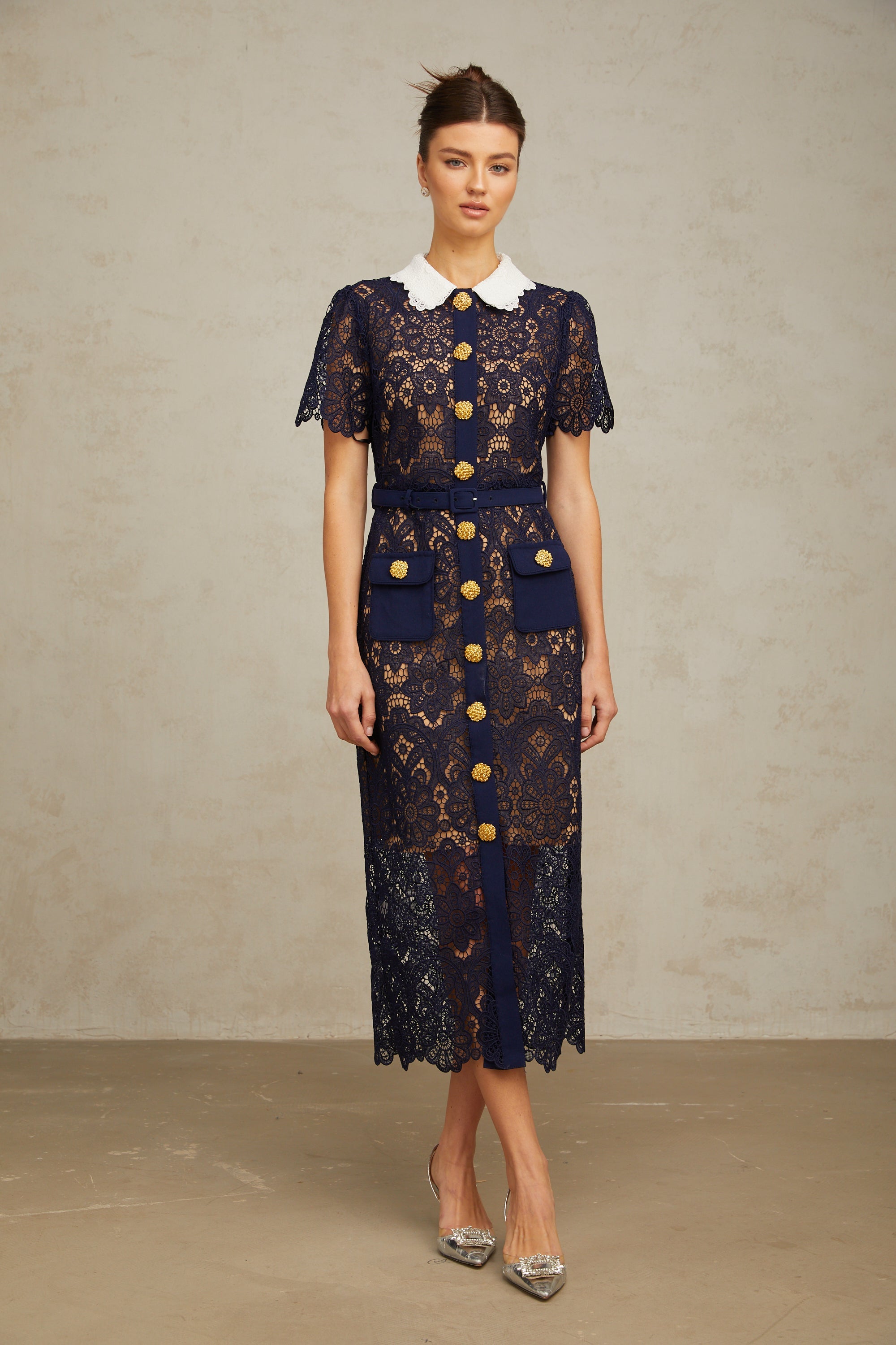 Ariane Dark Blue Floral Crochet Lace Midi Dress with Elegant Boho Style