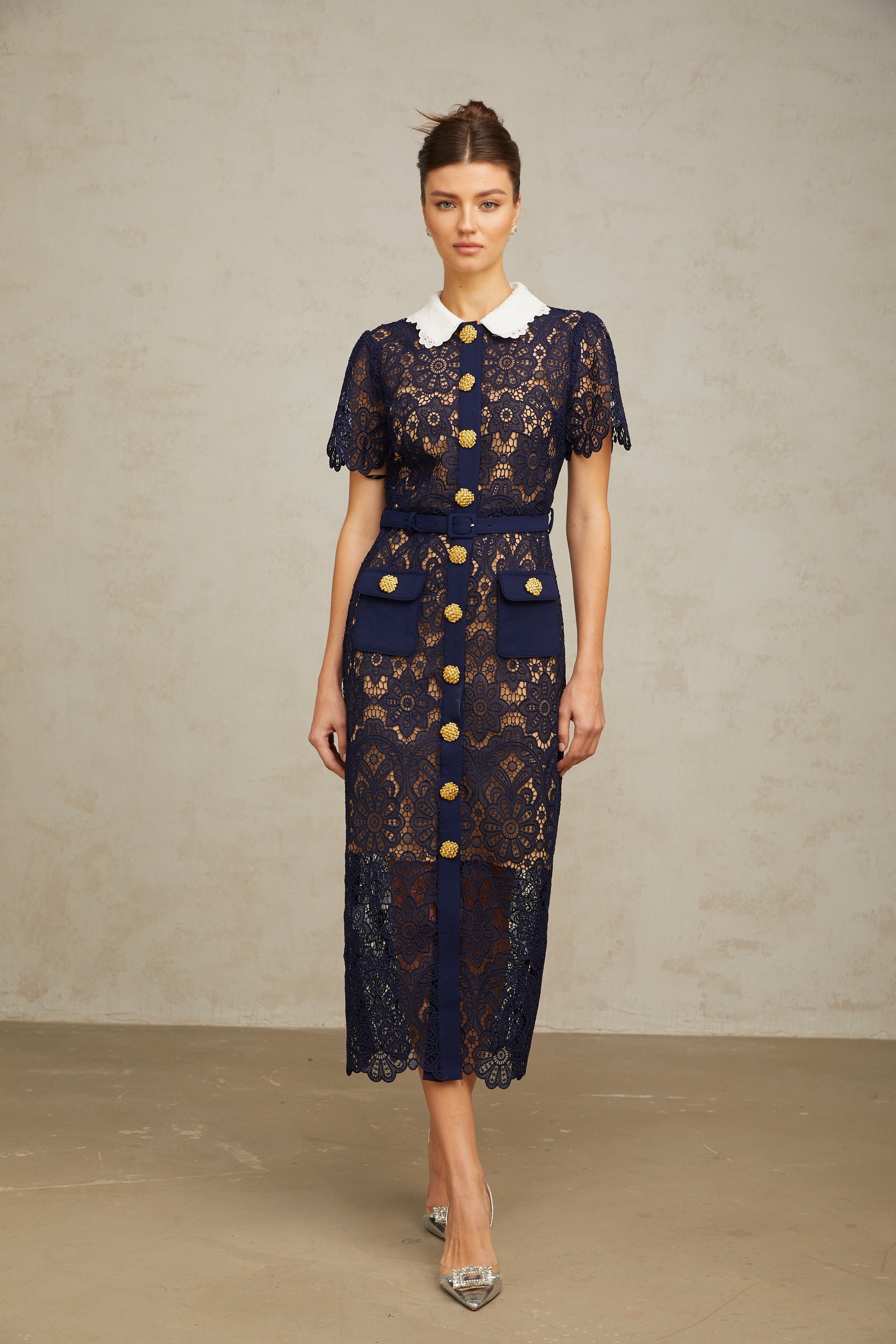 Ariane Dark Blue Floral Crochet Lace Midi Dress with Elegant Boho Style