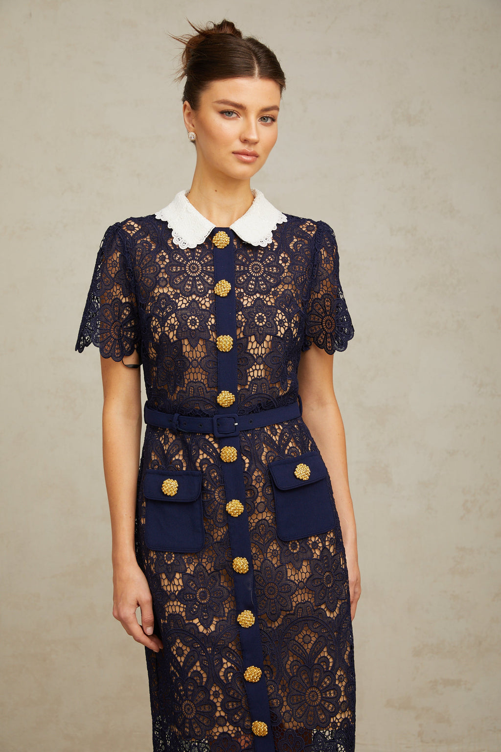 Ariane Dark Blue Floral Crochet Lace Midi Dress with Elegant Boho Style