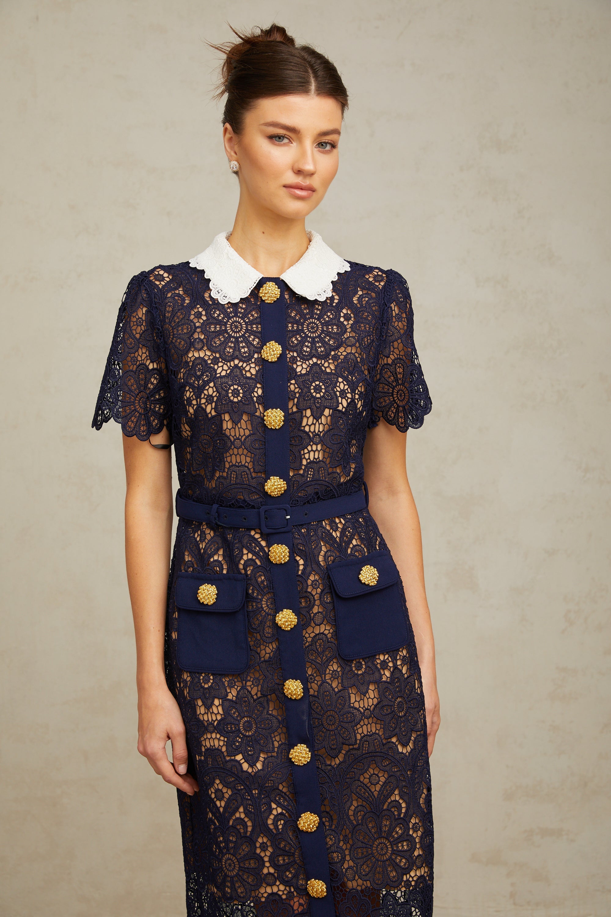 Ariane Dark Blue Floral Crochet Lace Midi Dress with Elegant Boho Style