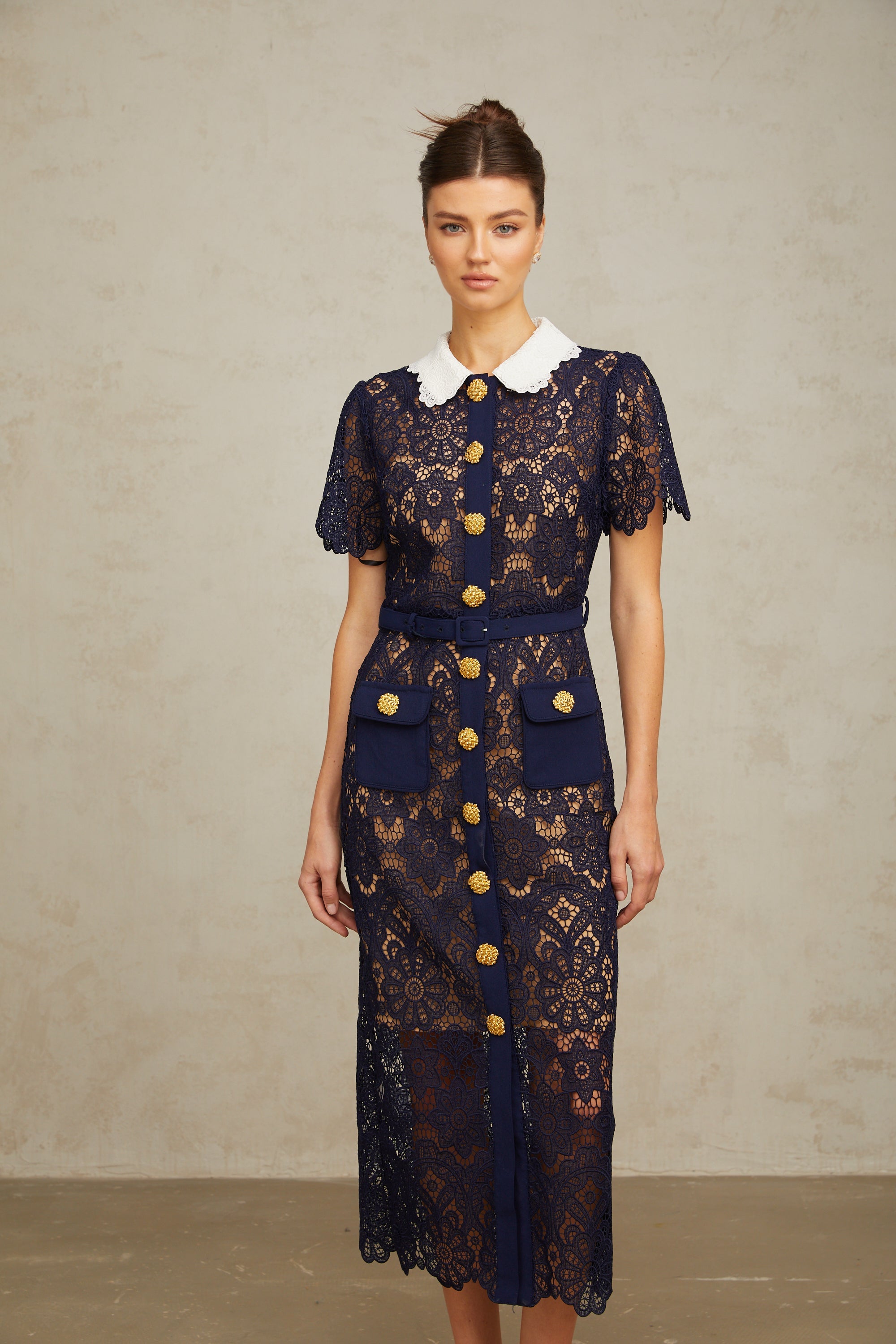 Ariane Dark Blue Floral Crochet Lace Midi Dress with Elegant Boho Style
