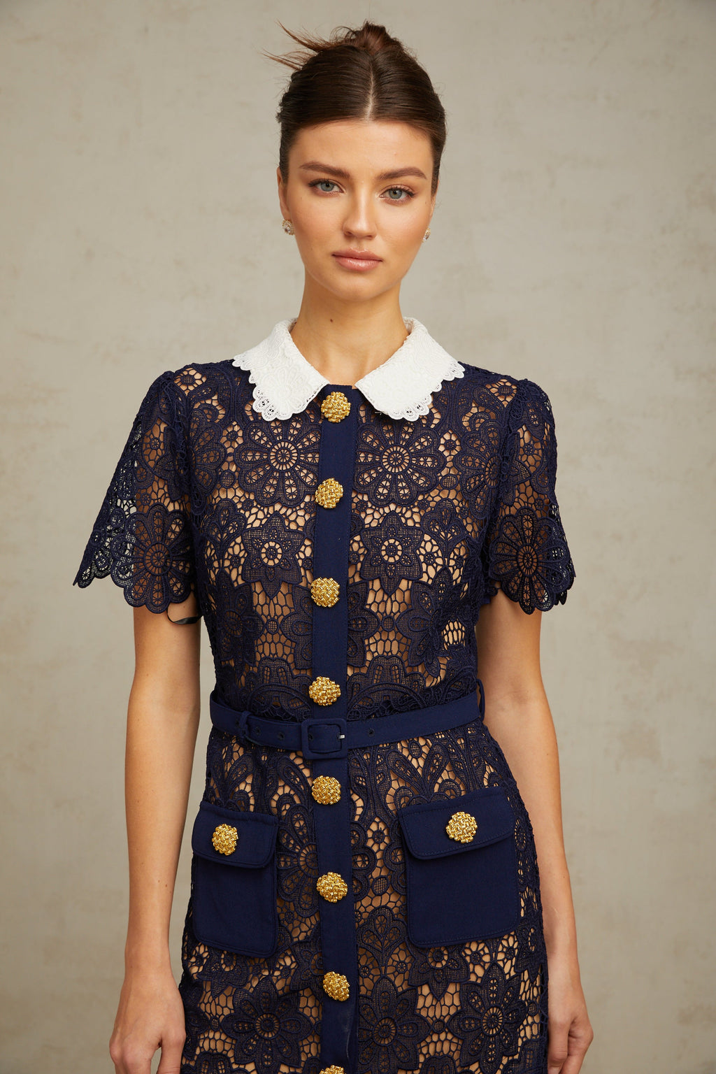 Ariane Dark Blue Floral Crochet Lace Midi Dress with Elegant Boho Style