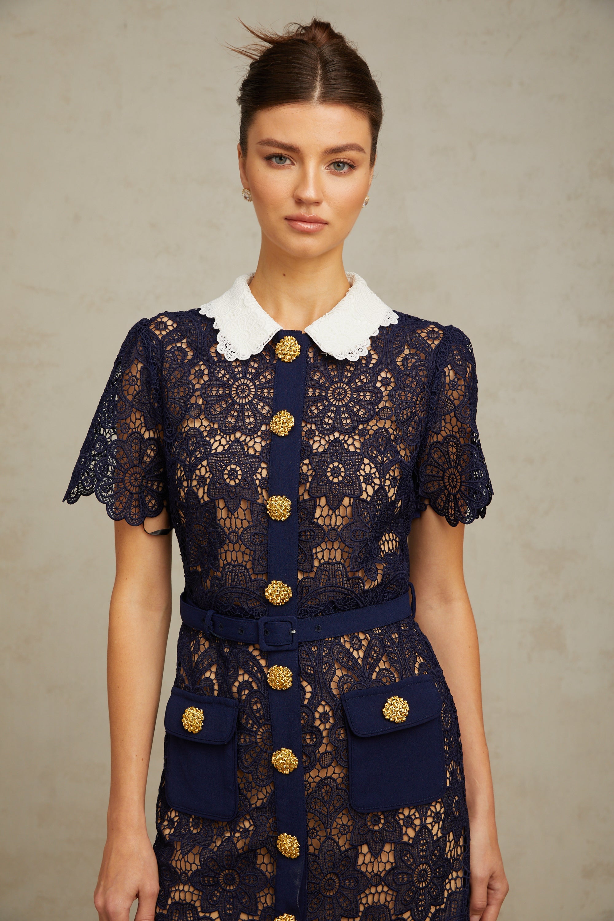 Ariane Dark Blue Floral Crochet Lace Midi Dress with Elegant Boho Style