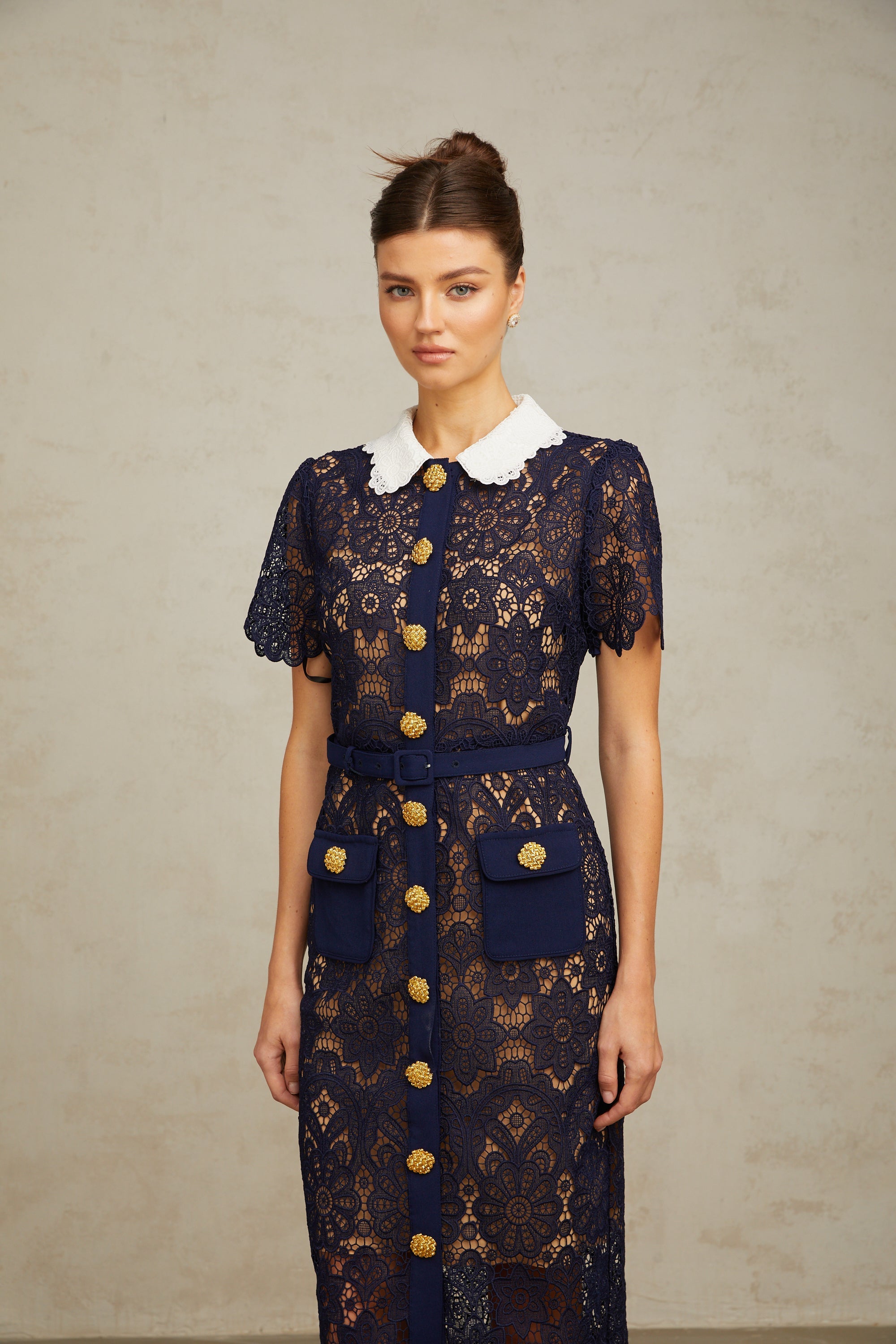 Ariane Dark Blue Floral Crochet Lace Midi Dress with Elegant Boho Style