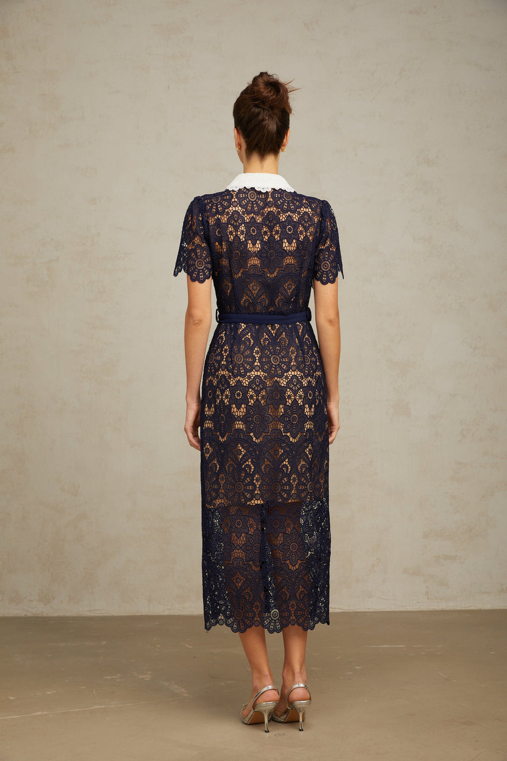 Ariane Dark Blue Floral Crochet Lace Midi Dress with Elegant Boho Style