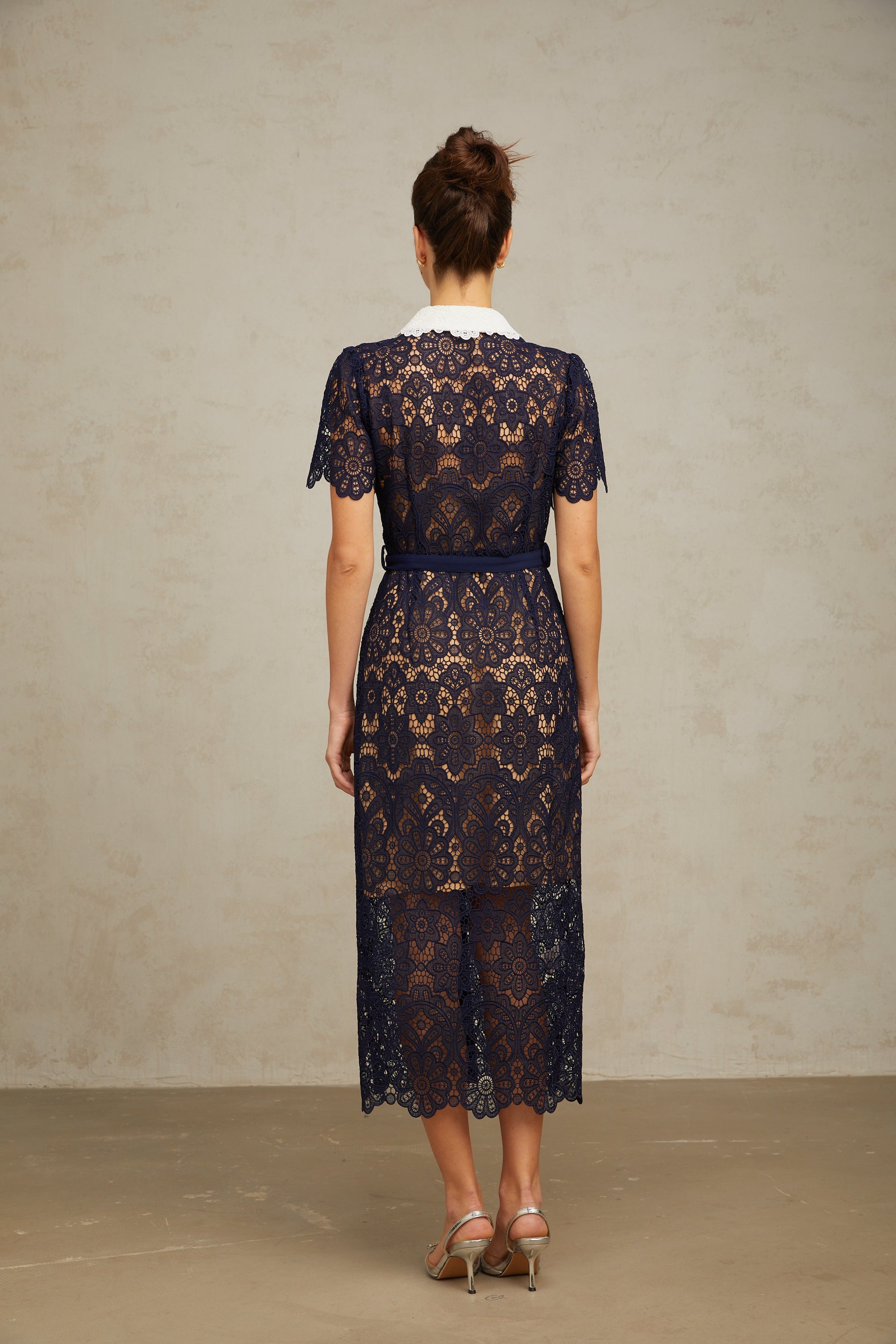 Ariane Dark Blue Floral Crochet Lace Midi Dress with Elegant Boho Style