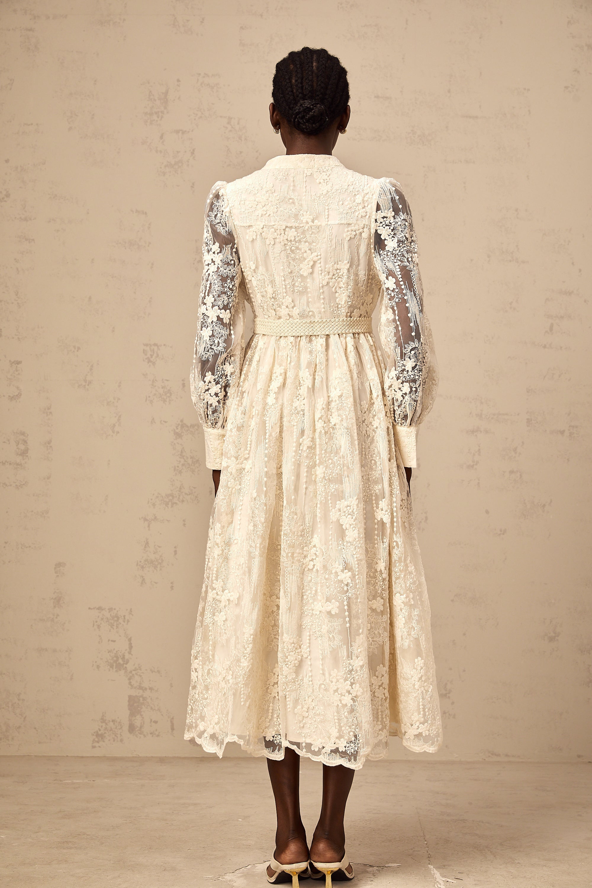Elegant Neutral Lace Embroidery Midi Dress: Exquisite Design, Perfect Fit, Versatile Style