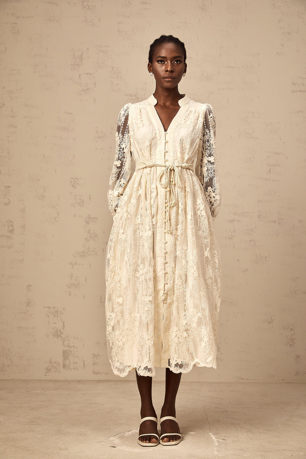 Elegant Neutral Lace Embroidery Midi Dress: Exquisite Design, Perfect Fit, Versatile Style