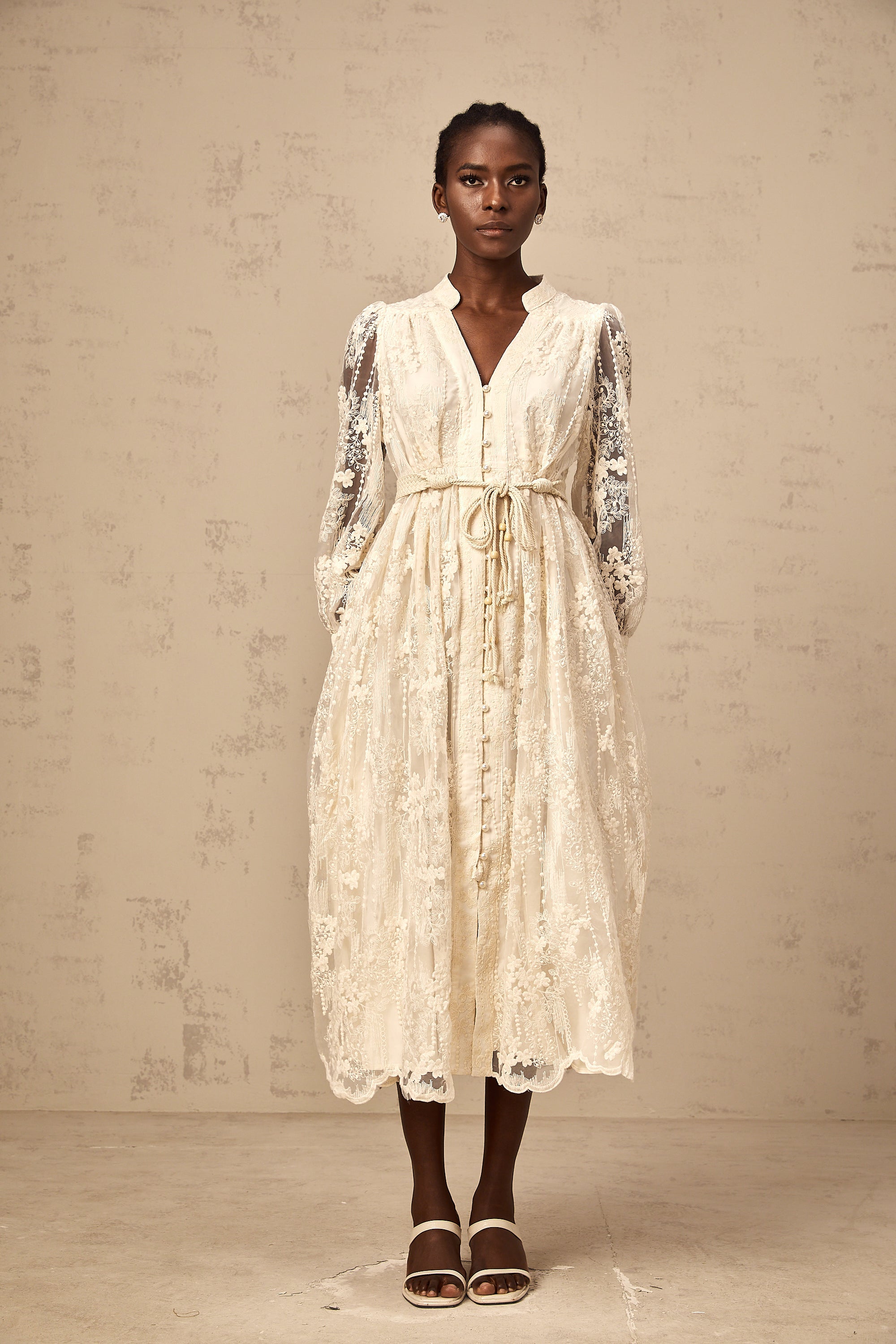 Elegant Neutral Lace Embroidery Midi Dress: Exquisite Design, Perfect Fit, Versatile Style