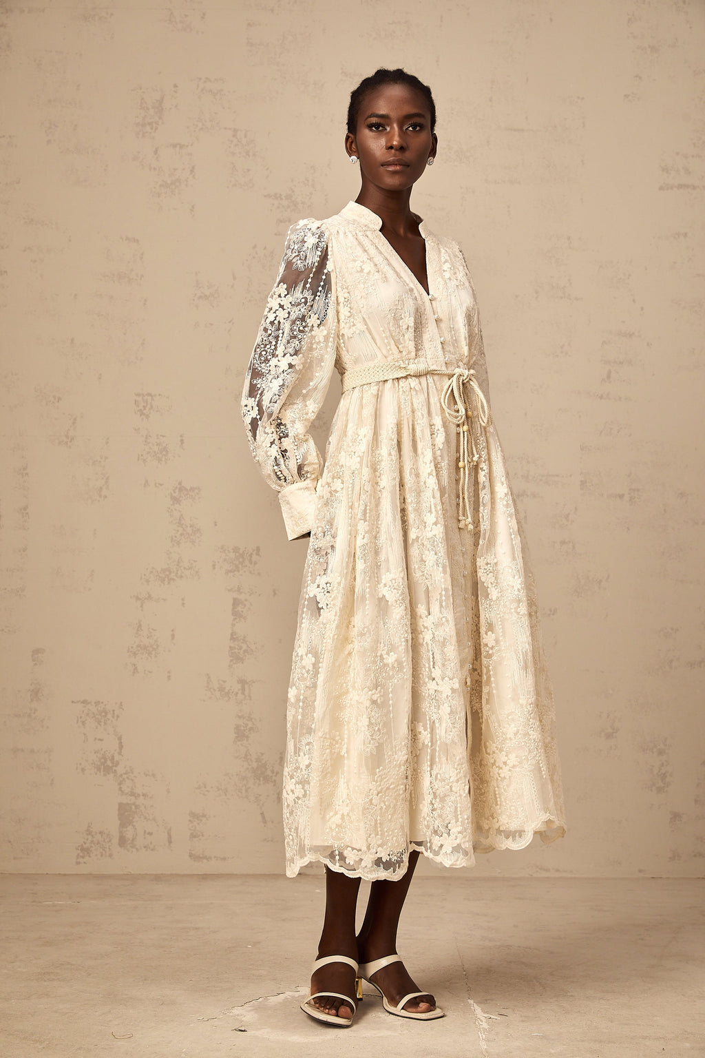 Elegant Neutral Lace Embroidery Midi Dress: Exquisite Design, Perfect Fit, Versatile Style