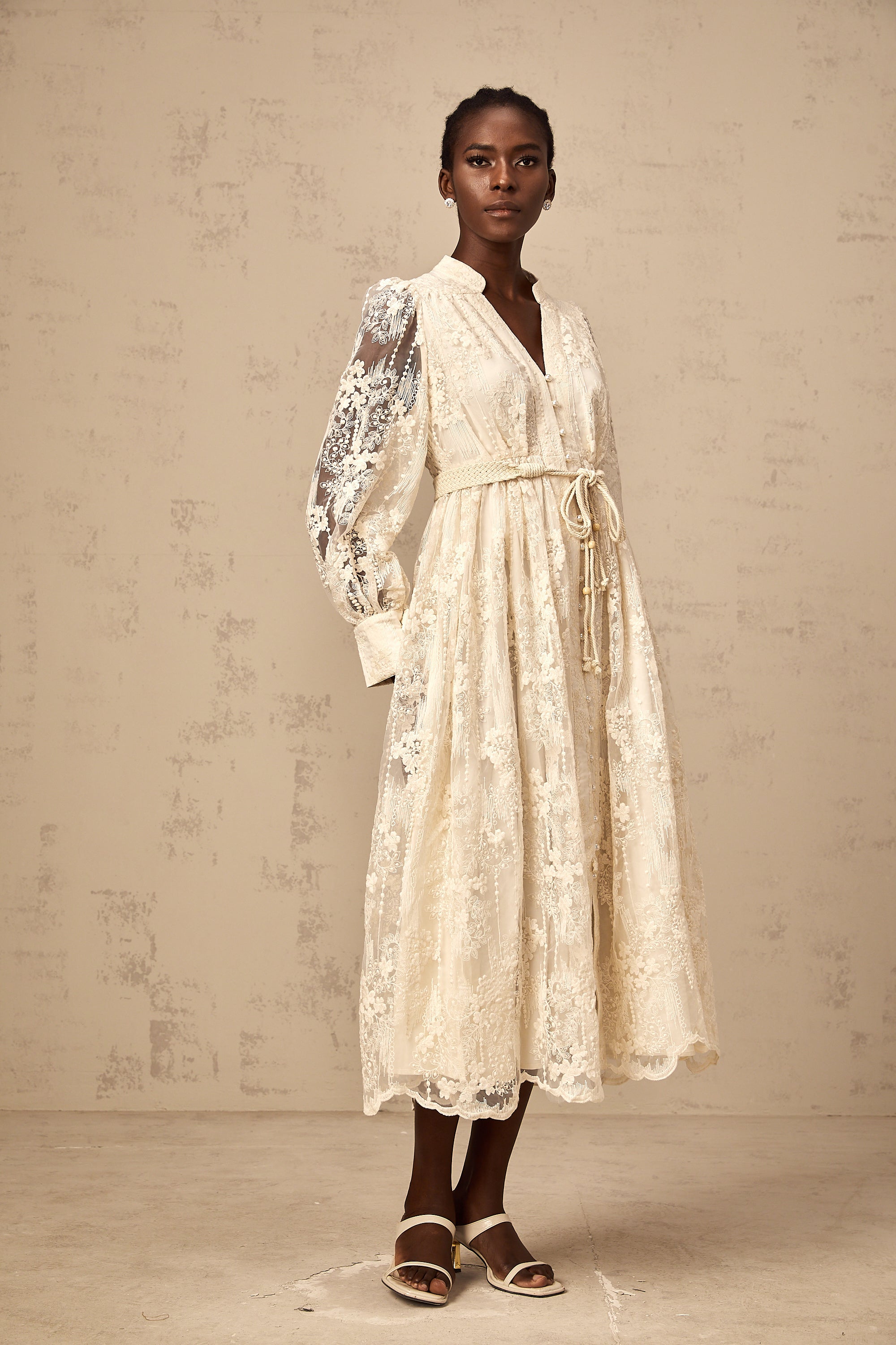 Elegant Neutral Lace Embroidery Midi Dress: Exquisite Design, Perfect Fit, Versatile Style