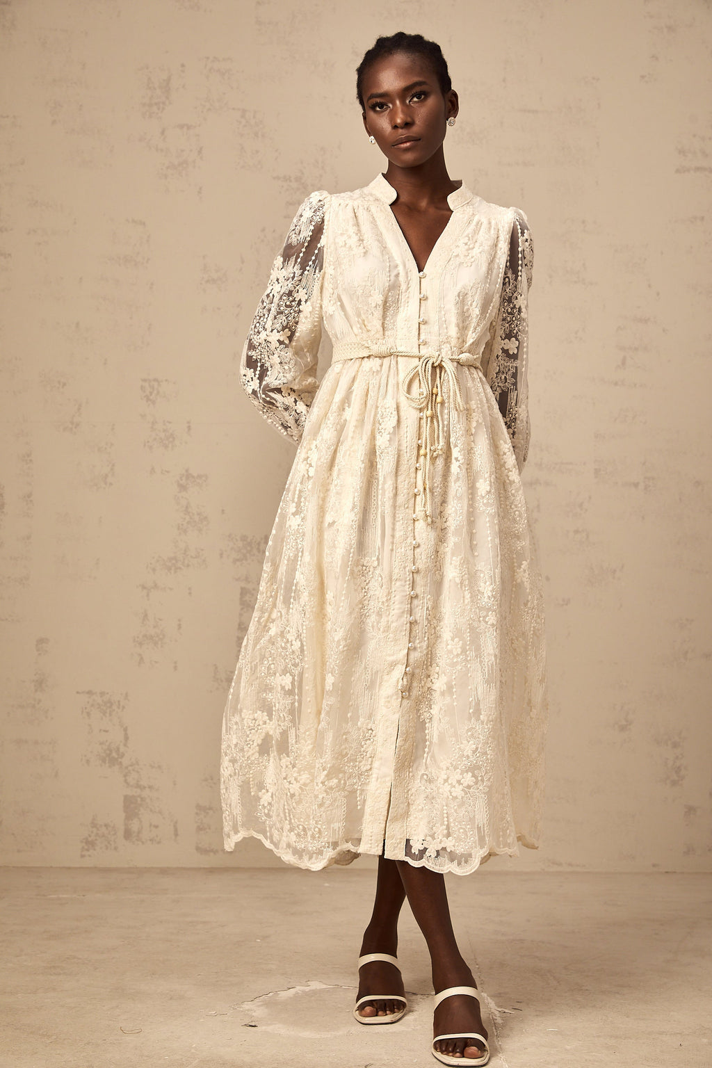 Elegant Neutral Lace Embroidery Midi Dress: Exquisite Design, Perfect Fit, Versatile Style