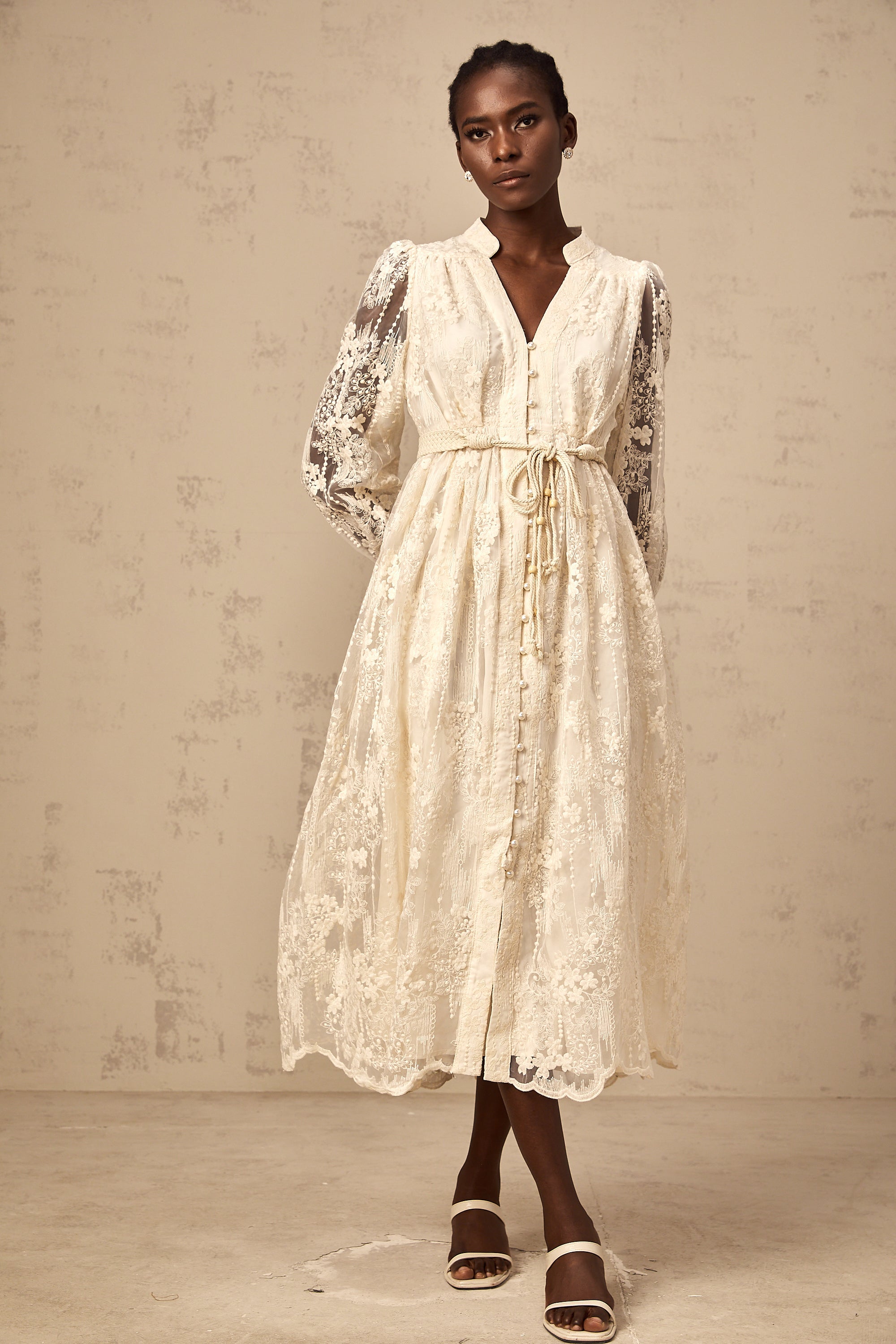 Elegant Neutral Lace Embroidery Midi Dress: Exquisite Design, Perfect Fit, Versatile Style