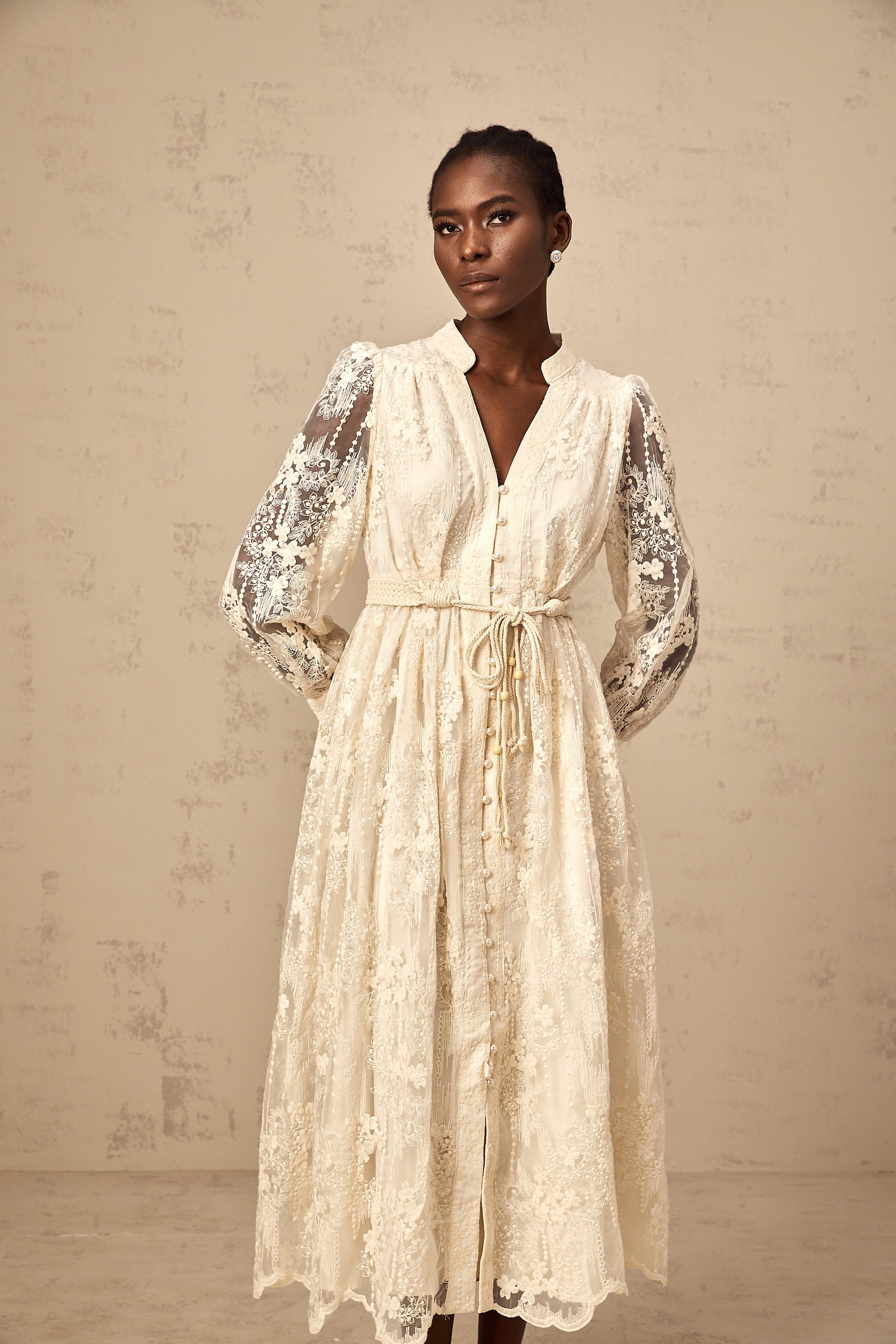 Elegant Neutral Lace Embroidery Midi Dress: Exquisite Design, Perfect Fit, Versatile Style