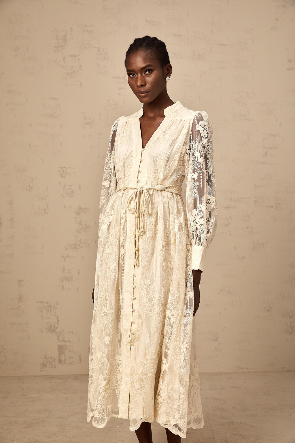 Elegant Neutral Lace Embroidery Midi Dress: Exquisite Design, Perfect Fit, Versatile Style