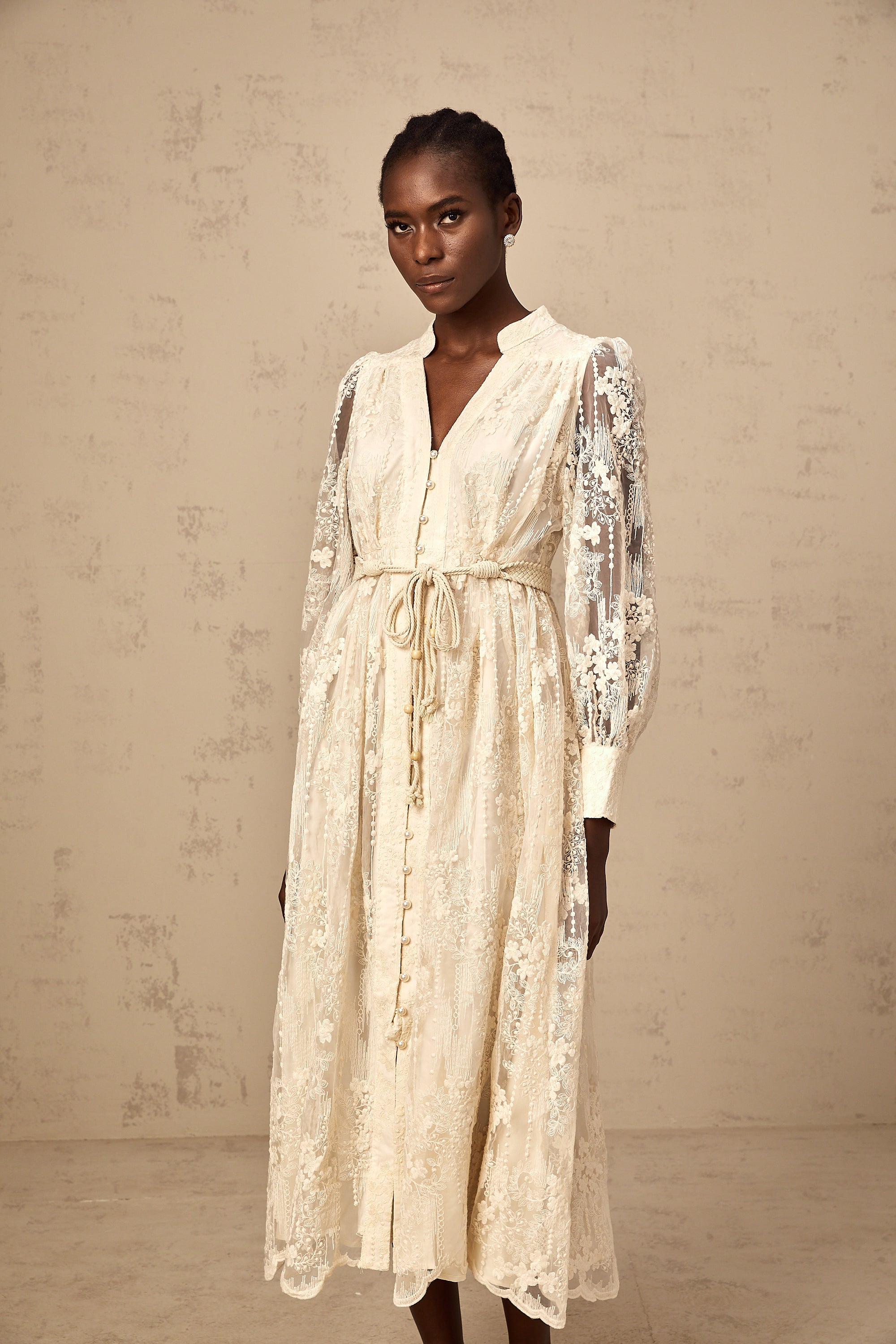 Elegant Neutral Lace Embroidery Midi Dress: Exquisite Design, Perfect Fit, Versatile Style