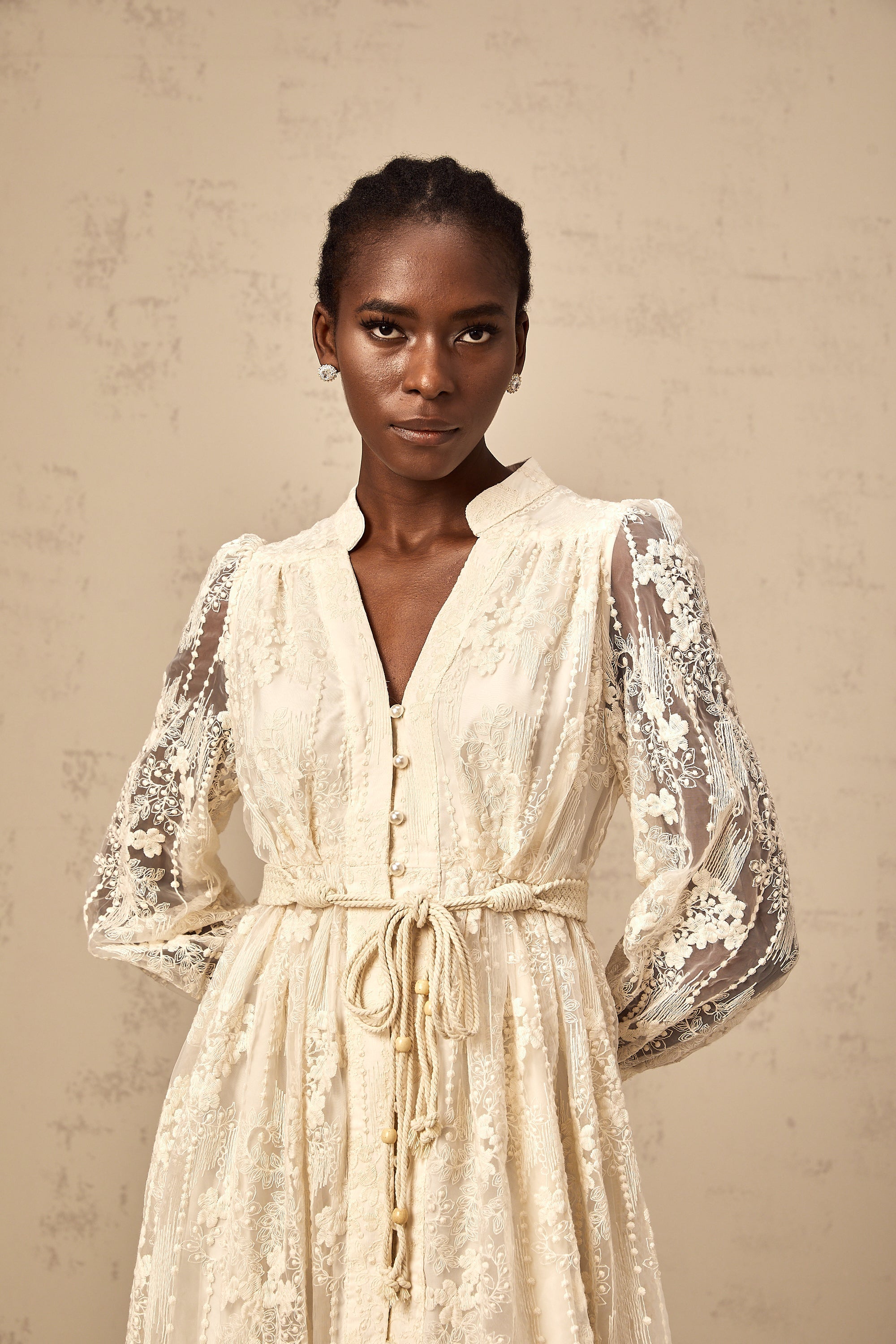 Elegant Neutral Lace Embroidery Midi Dress: Exquisite Design, Perfect Fit, Versatile Style
