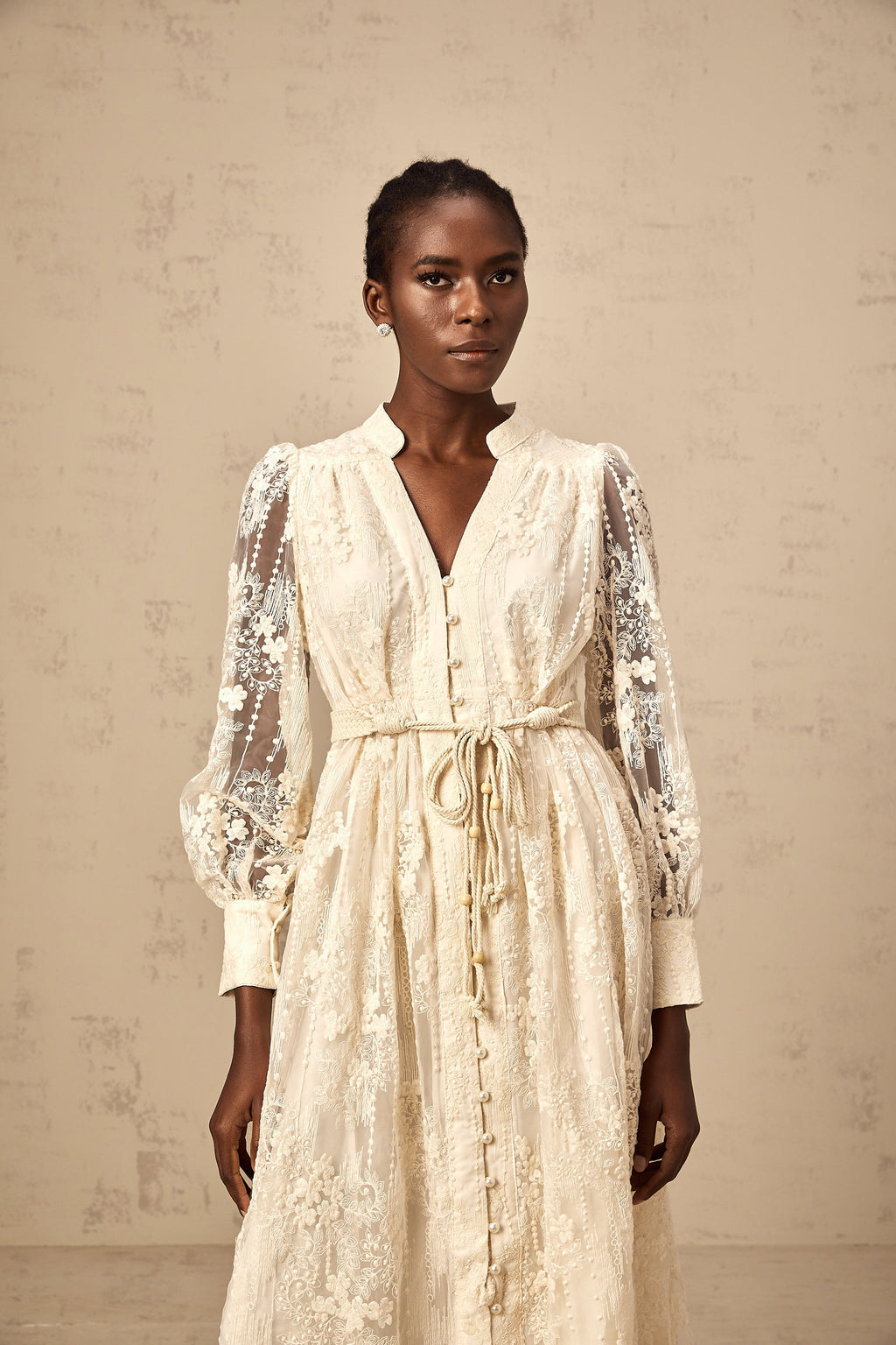 Elegant Neutral Lace Embroidery Midi Dress: Exquisite Design, Perfect Fit, Versatile Style