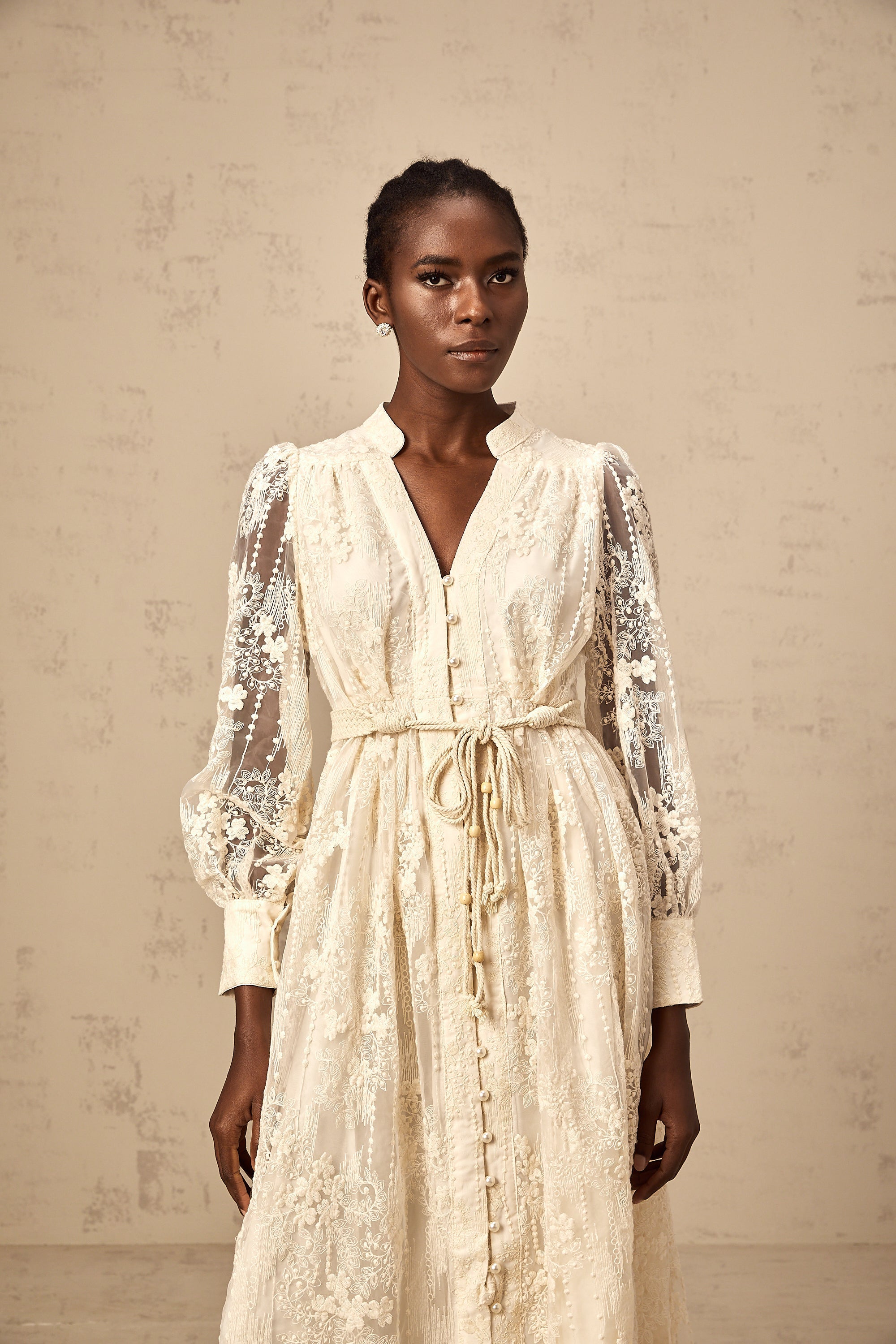 Elegant Neutral Lace Embroidery Midi Dress: Exquisite Design, Perfect Fit, Versatile Style
