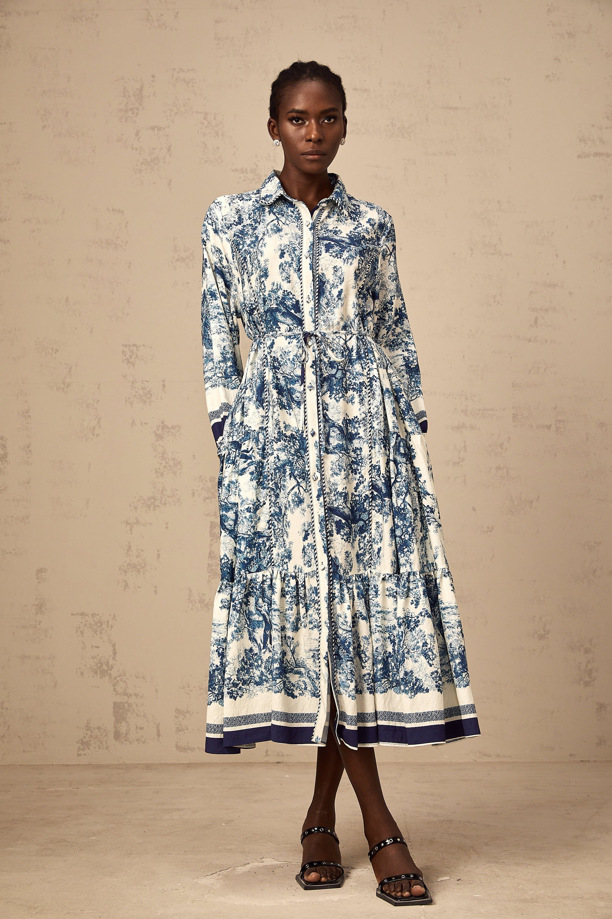 Adelaide Blue Graphic Print Midi Dress - Elegant, Flowy, and Comfortable