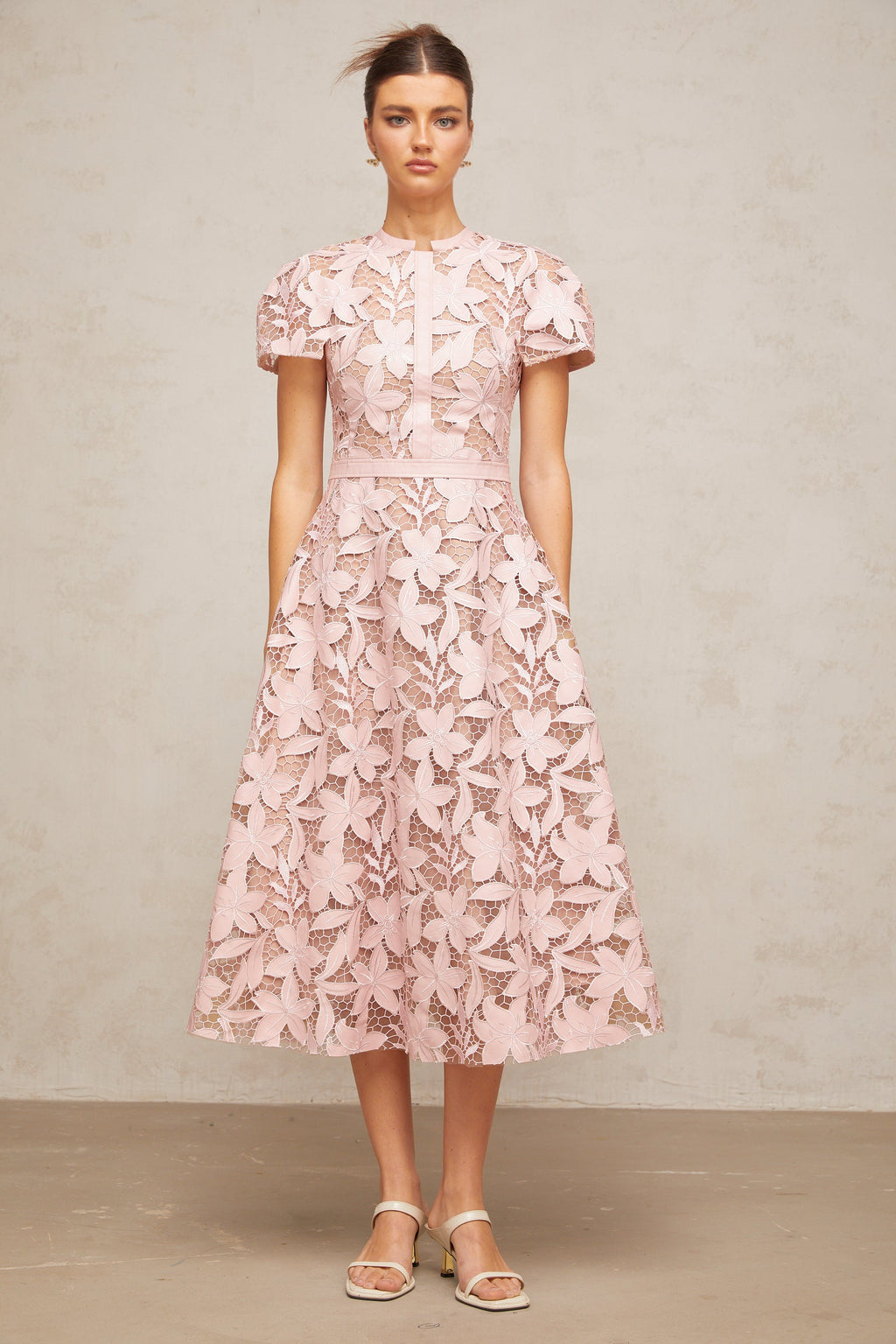 Elegant Pink Guipure Lace Midi Dress - Sleeveless A-Line Summer Party