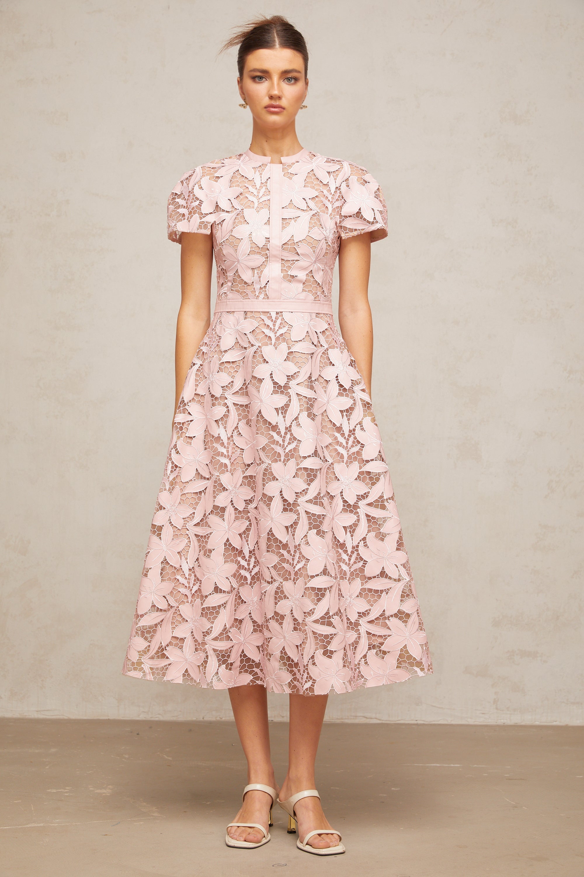 Elegant Pink Guipure Lace Midi Dress - Sleeveless A-Line Summer Party