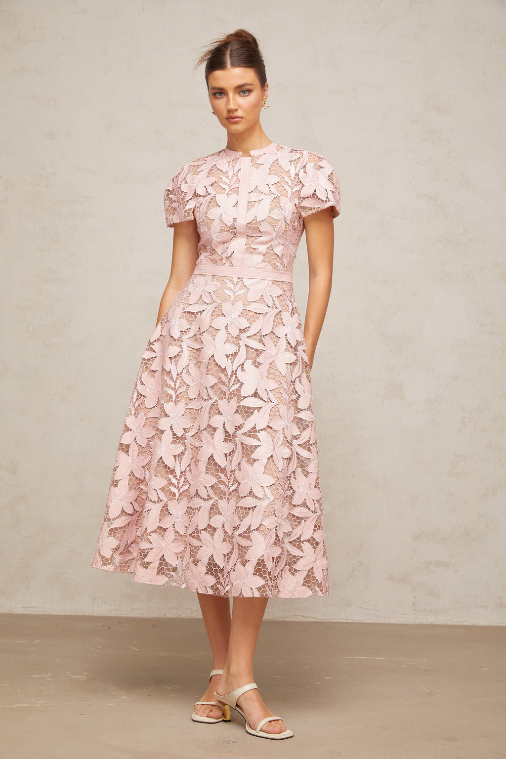 Elegant Pink Guipure Lace Midi Dress - Sleeveless A-Line Summer Party