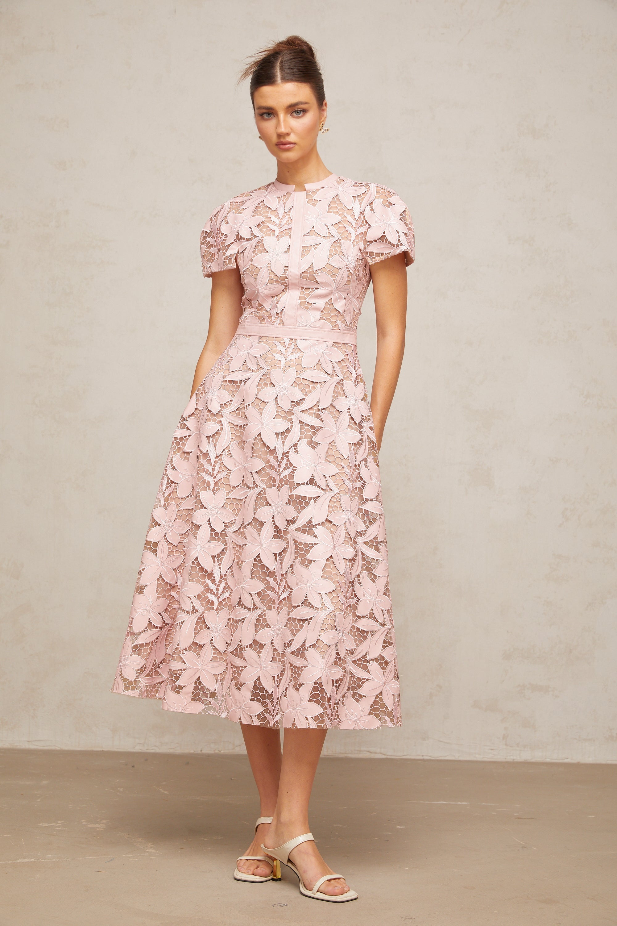 Elegant Pink Guipure Lace Midi Dress - Sleeveless A-Line Summer Party