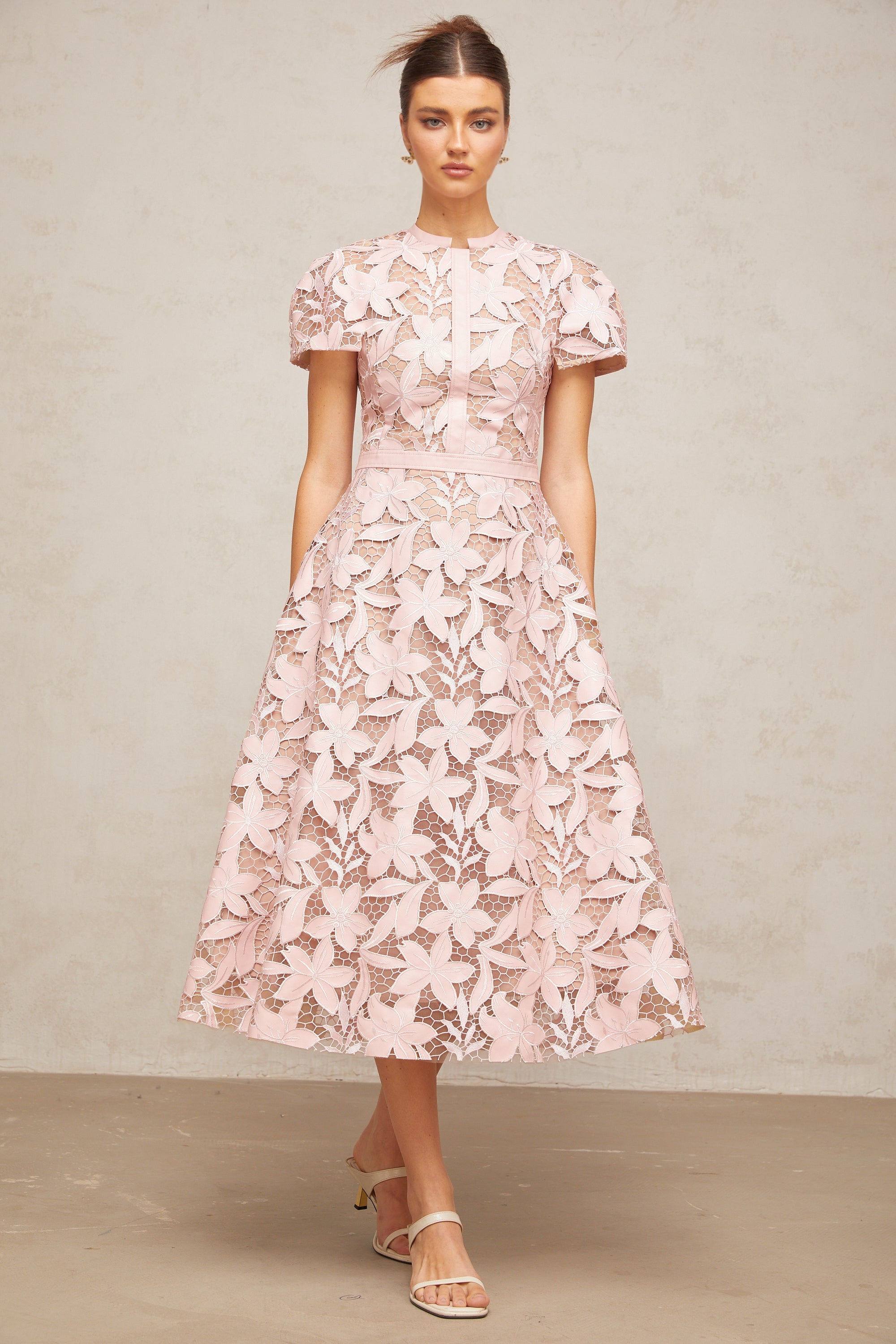 Elegant Pink Guipure Lace Midi Dress - Sleeveless A-Line Summer Party