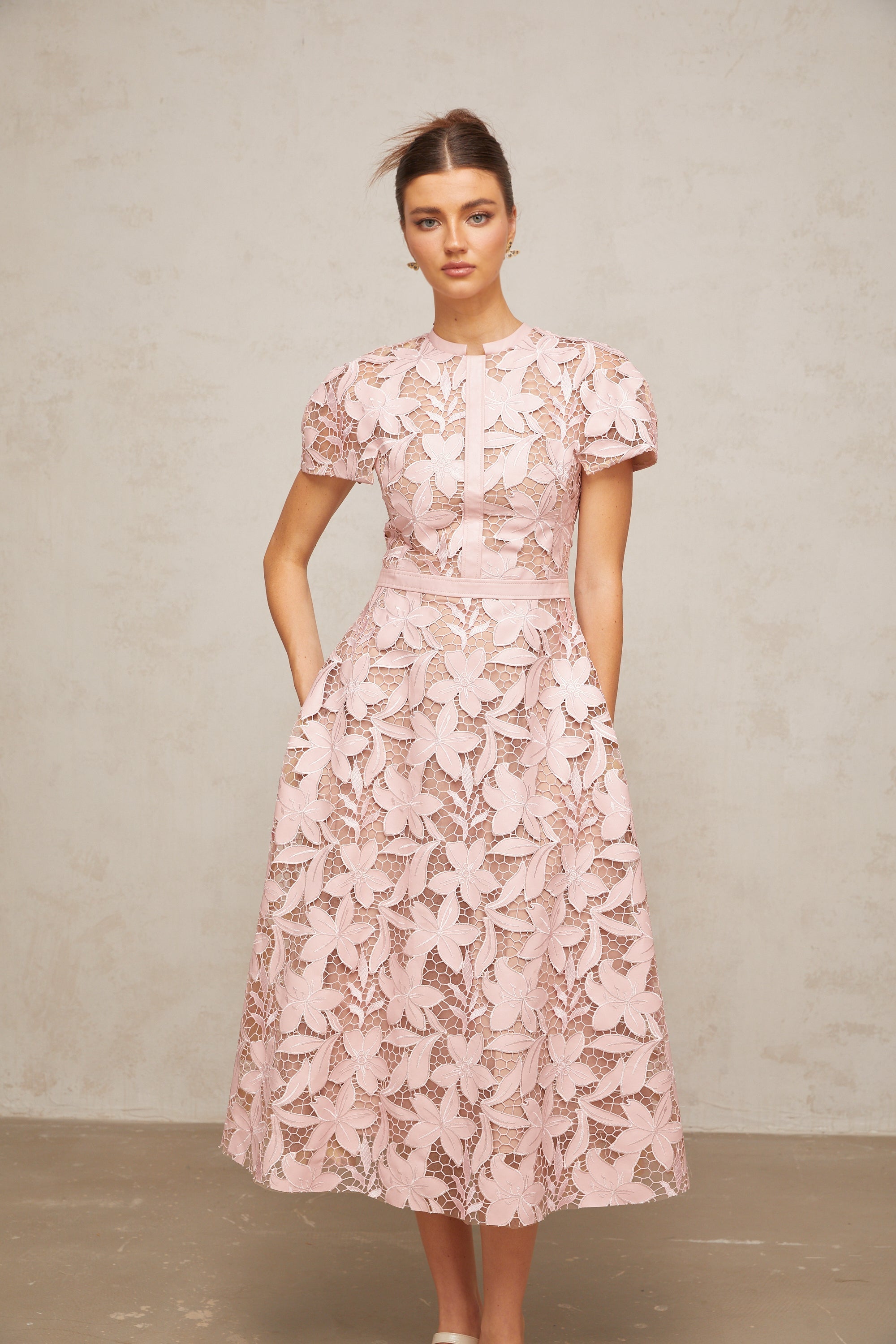 Elegant Pink Guipure Lace Midi Dress - Sleeveless A-Line Summer Party
