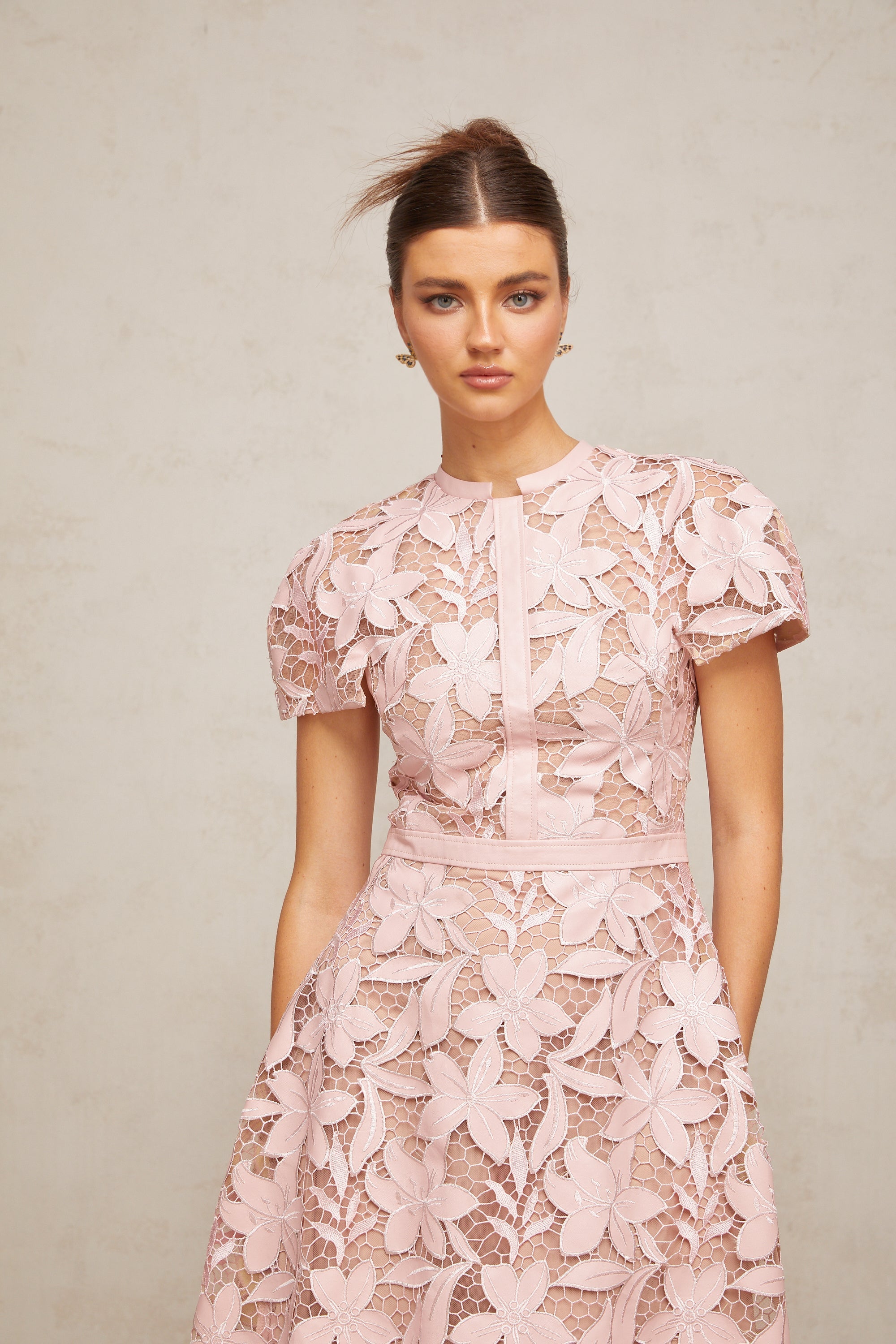 Elegant Pink Guipure Lace Midi Dress - Sleeveless A-Line Summer Party